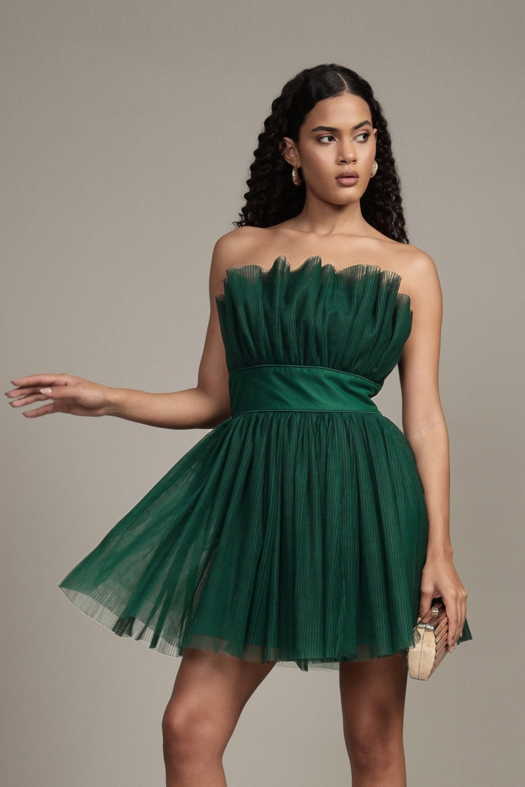 Nanita Pleated Mini Dress in Emerald Green – Lace & Beads