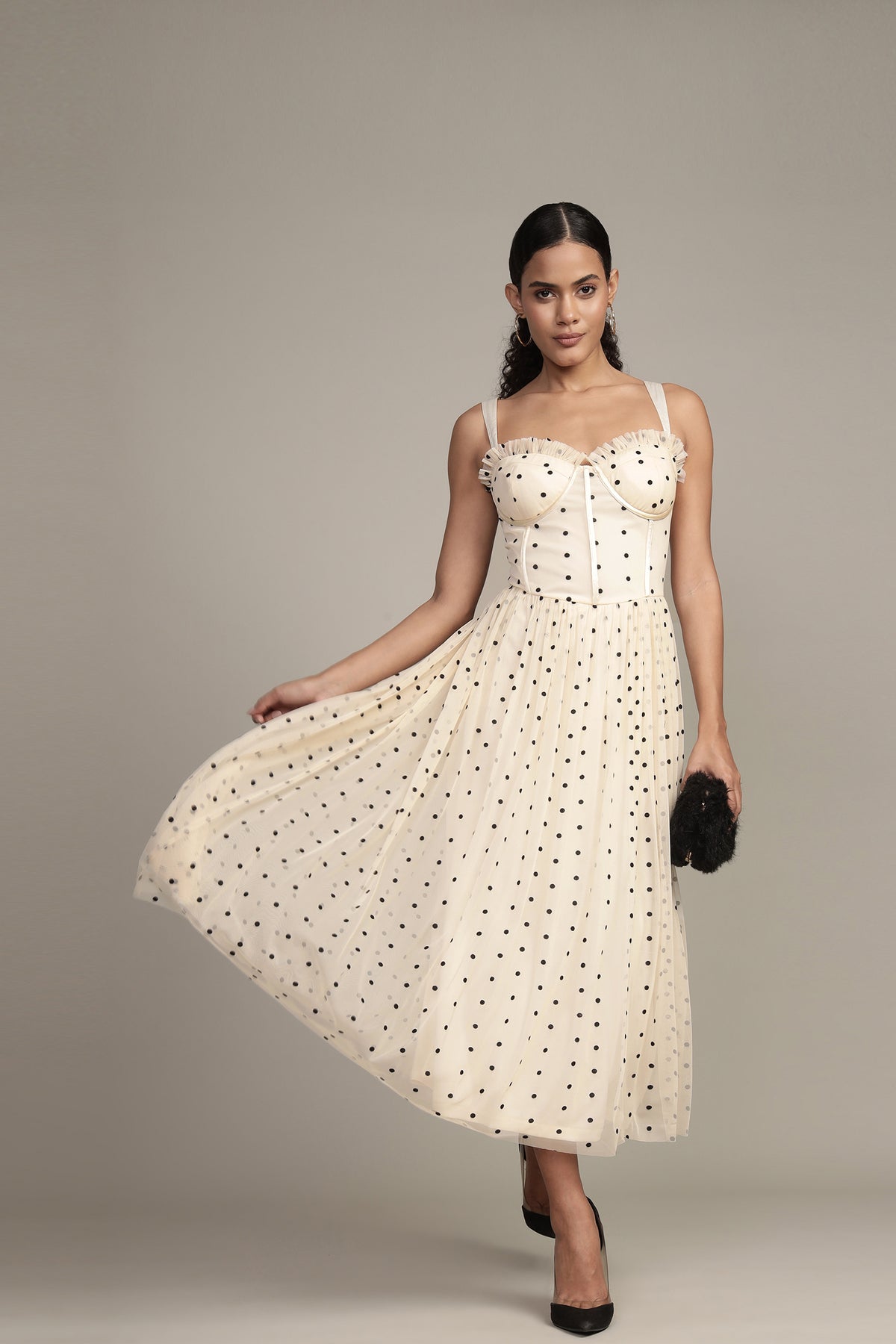 Dane Polka Dot Corset Tulle Midi Dress – Lace & Beads