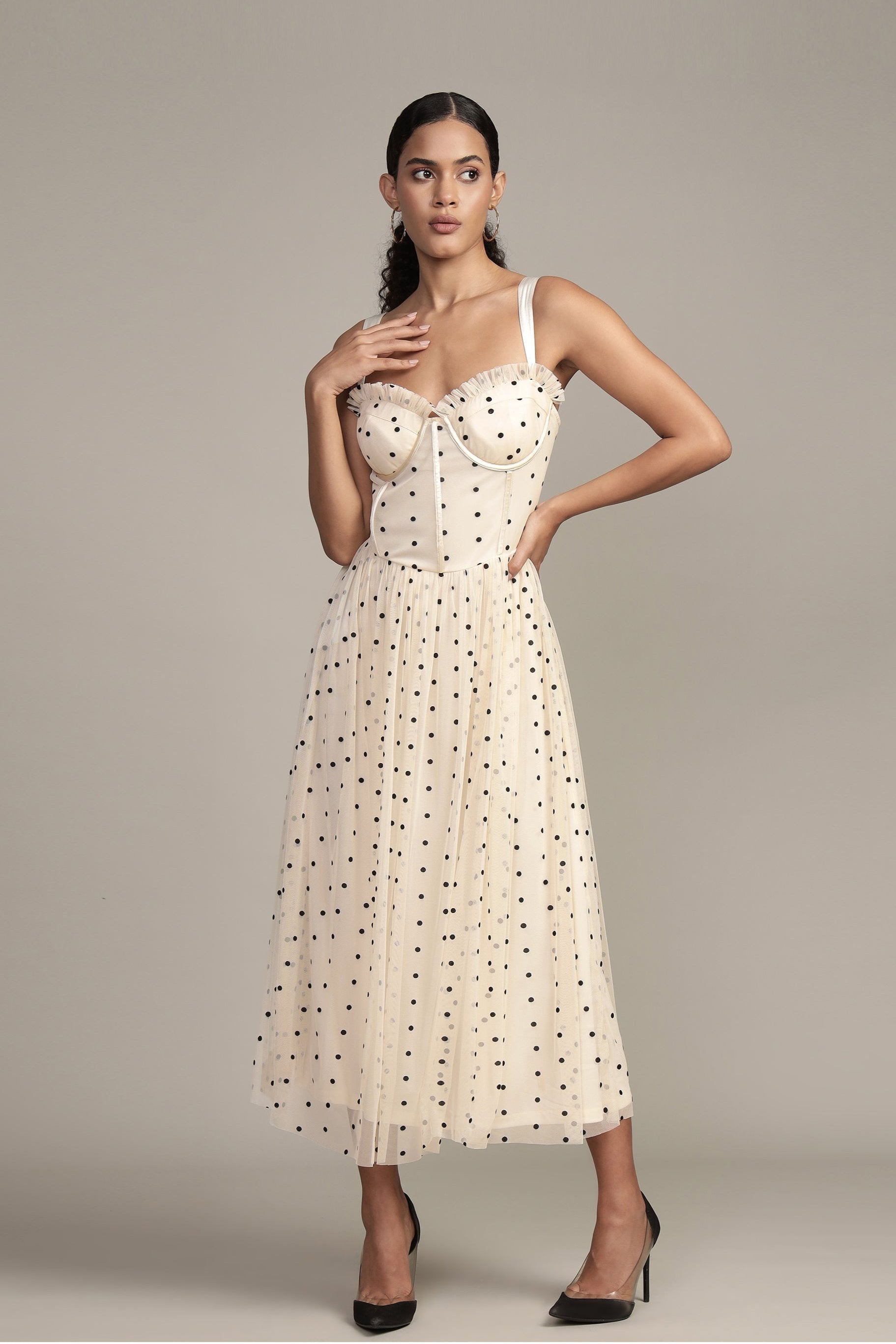 Dane Polka Dot Corset Tulle Midi Dress