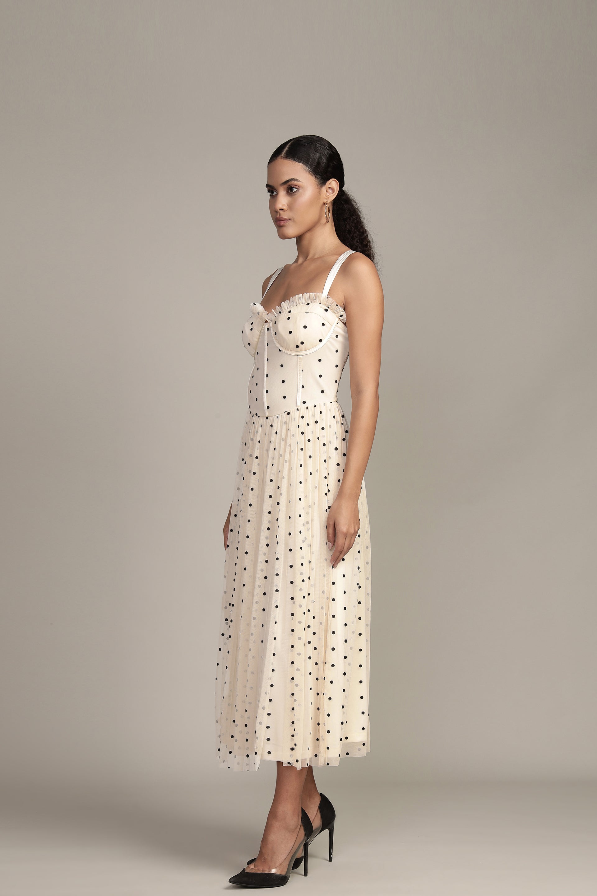Dane Polka Dot Corset Tulle Midi Dress
