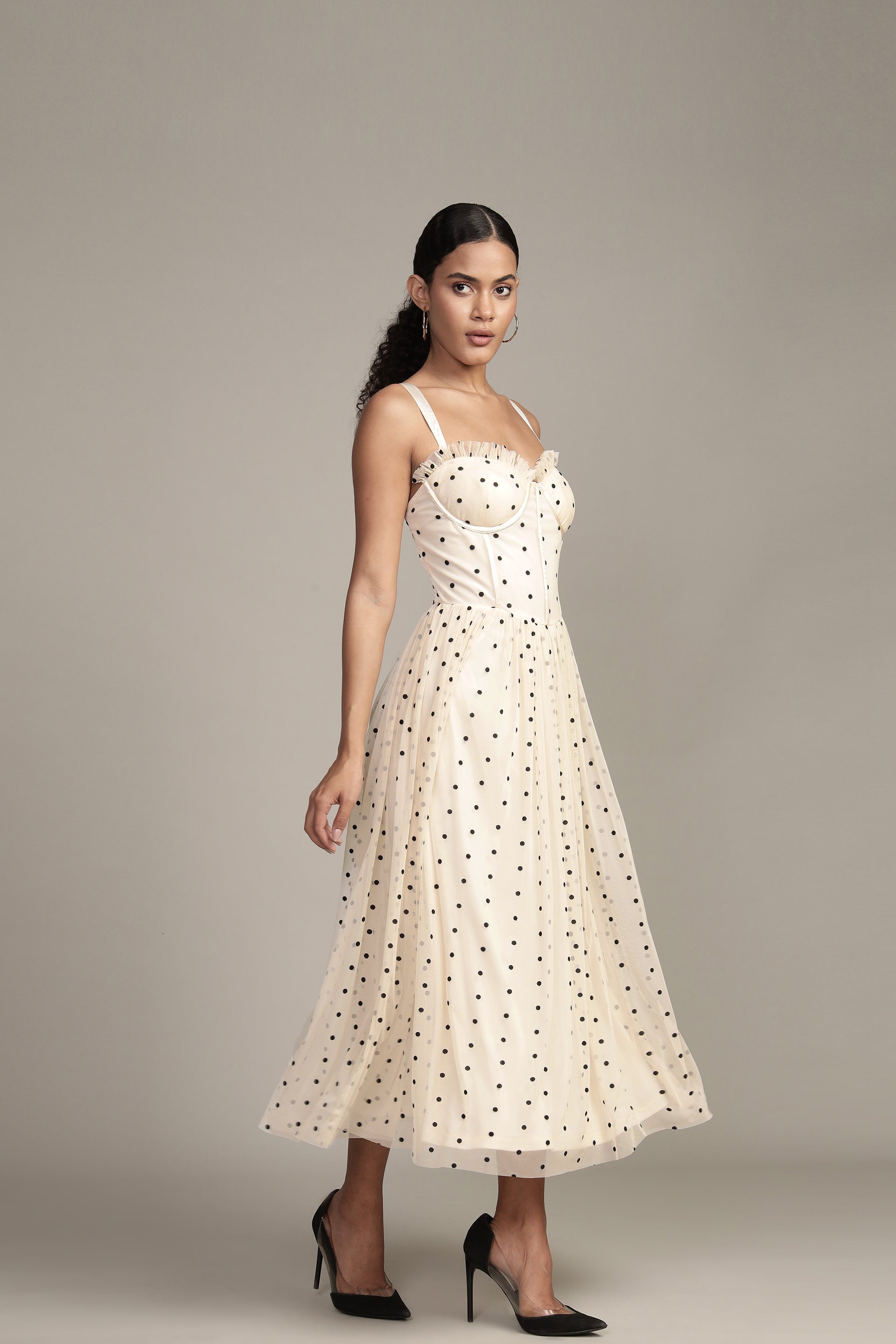 Dane Polka Dot Corset Tulle Midi Dress