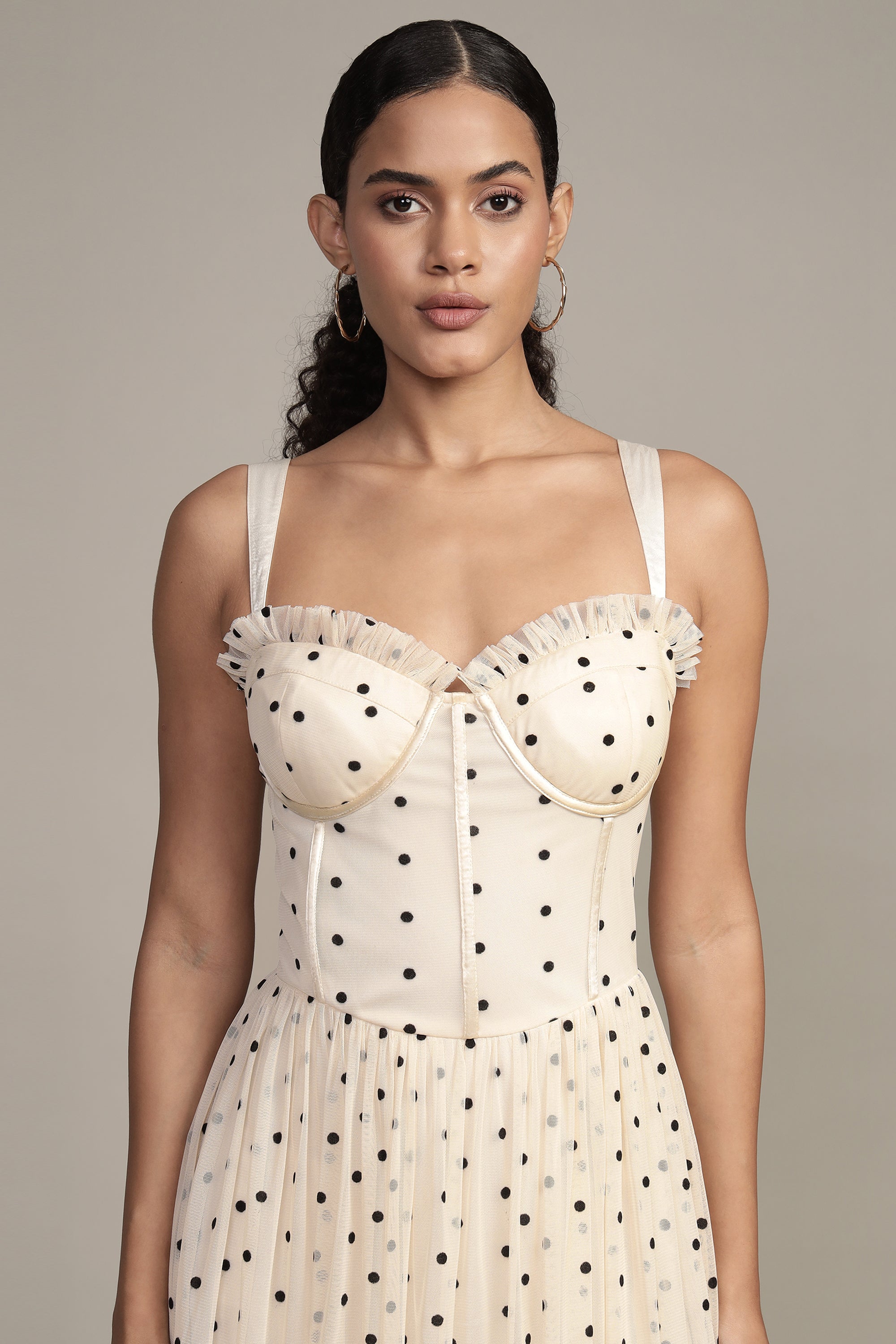 Dane Polka Dot Corset Tulle Midi Dress