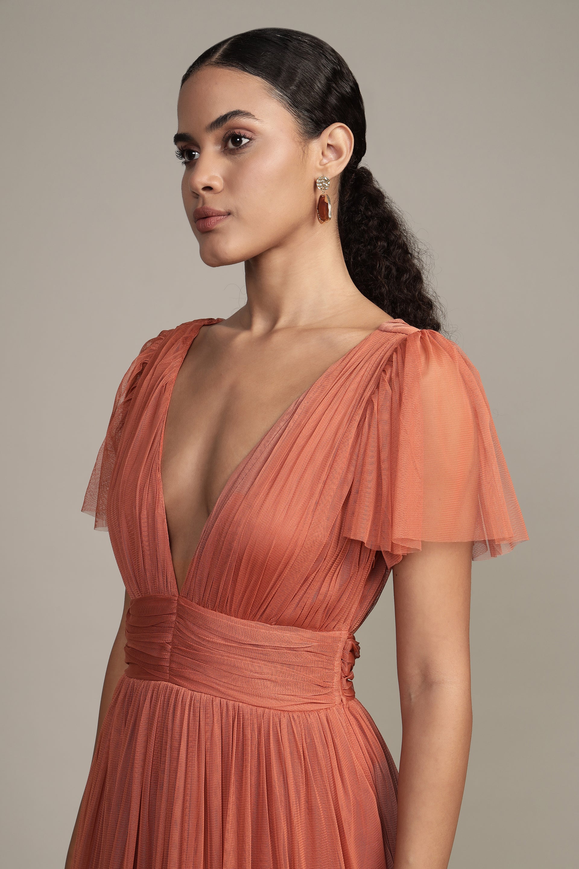 Madison Terracotta Pink Tulle Bridesmaid Midi Dress