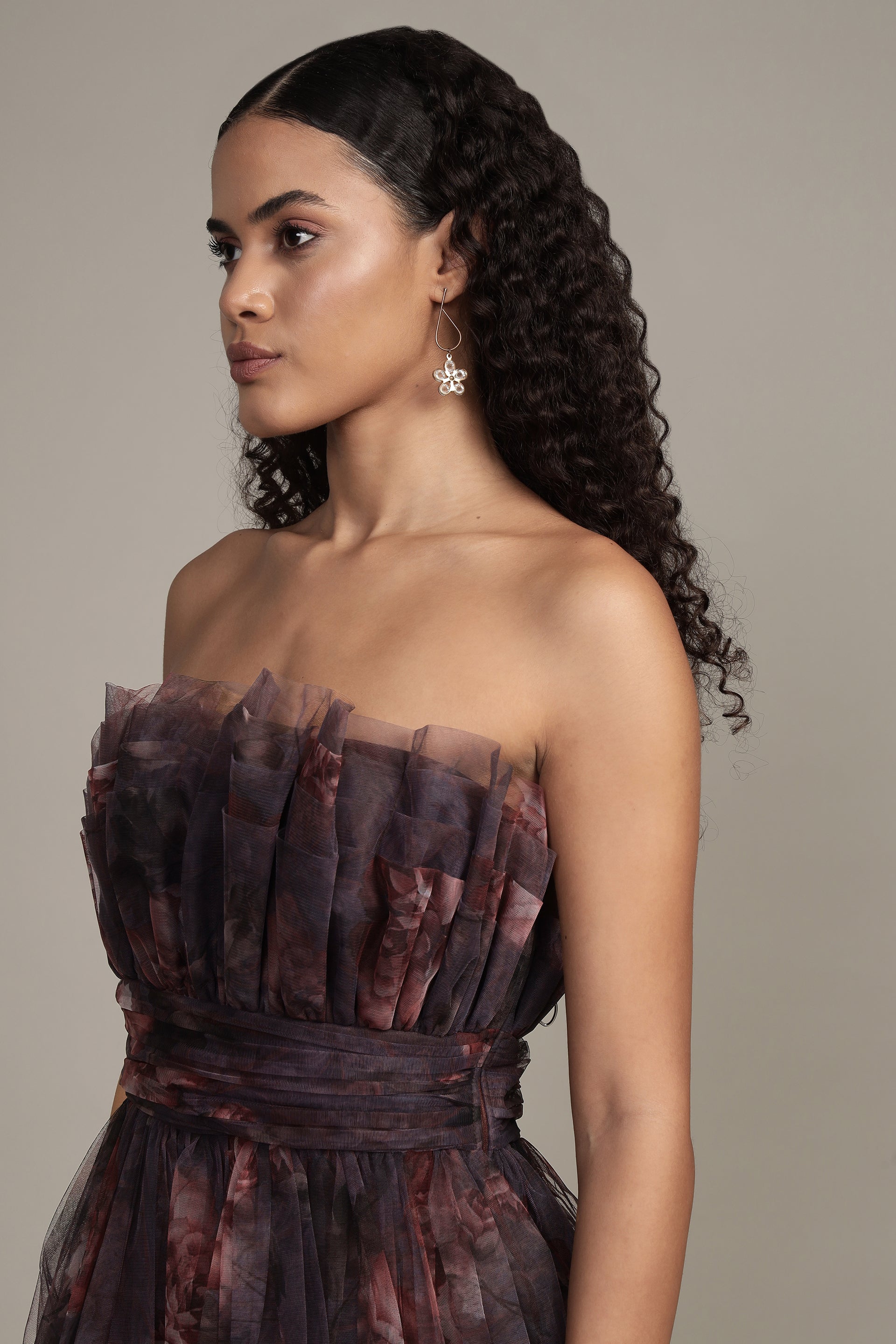 Nanita Tulle Mini Dress with Balloon Hem in Plum Floral