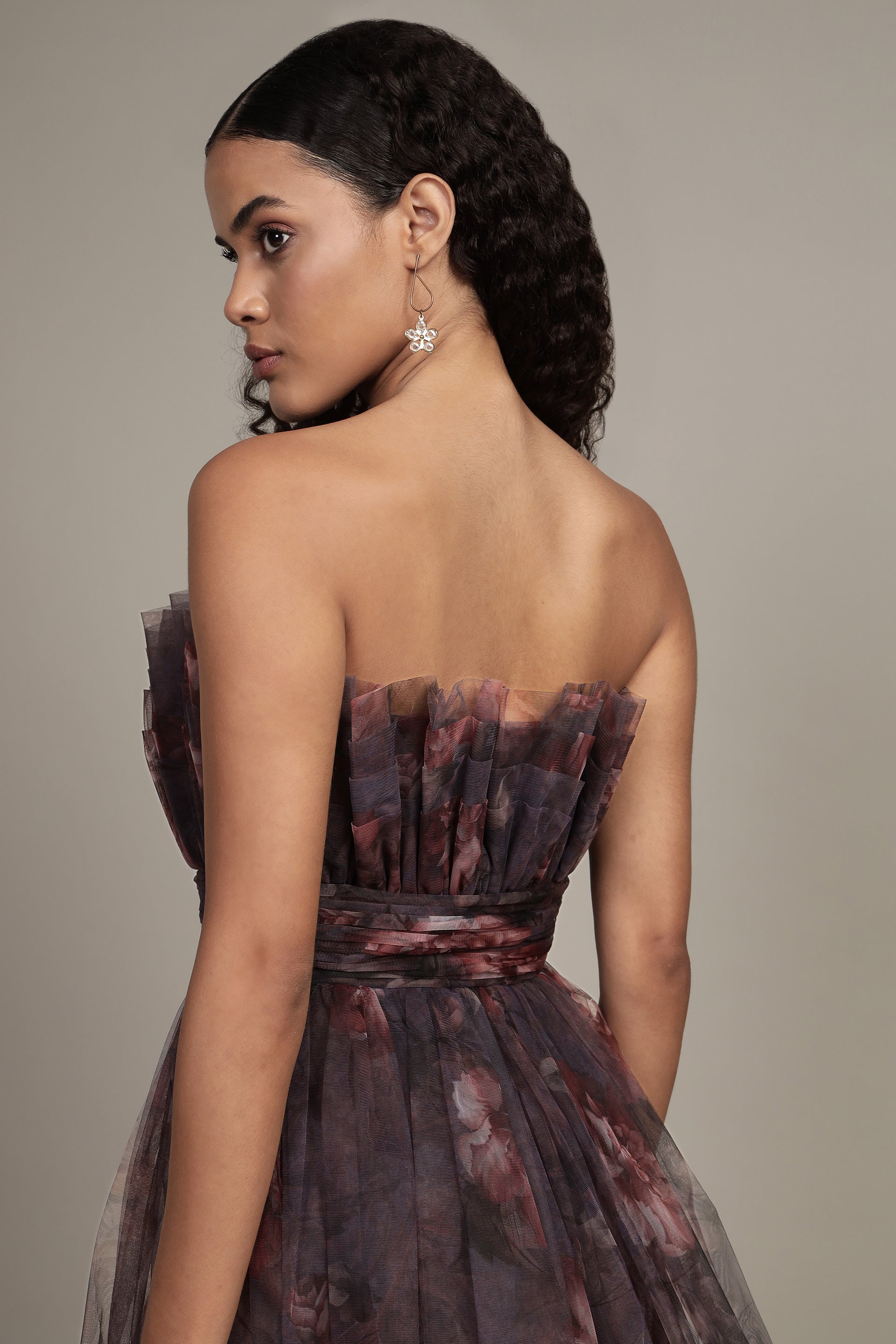 Nanita Tulle Mini Dress with Balloon Hem in Plum Floral