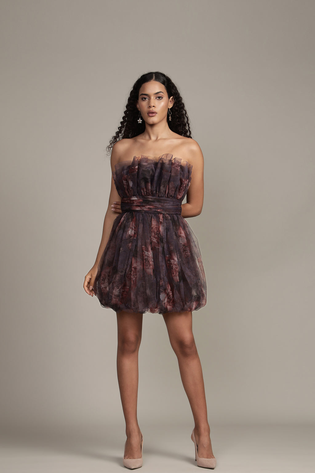 Nanita Tulle Mini Dress with Balloon Hem in Plum Floral