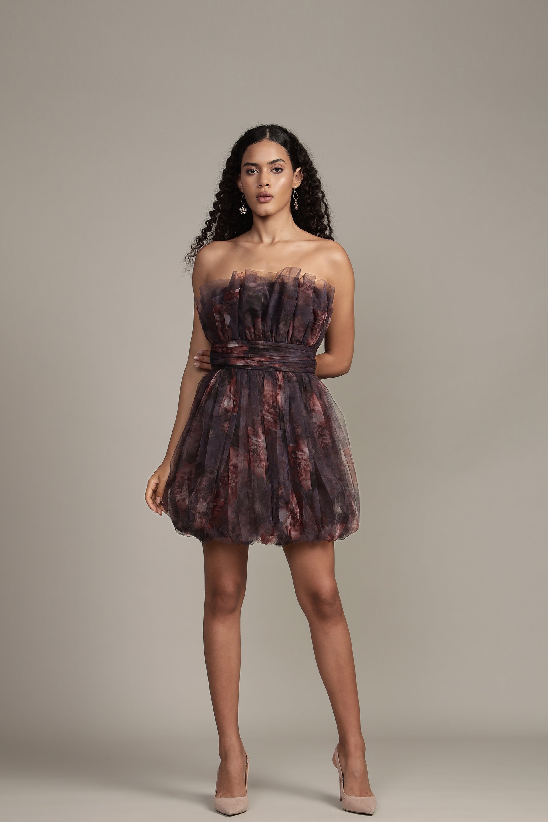 Nanita Tulle Mini Dress with Balloon Hem in Plum Floral