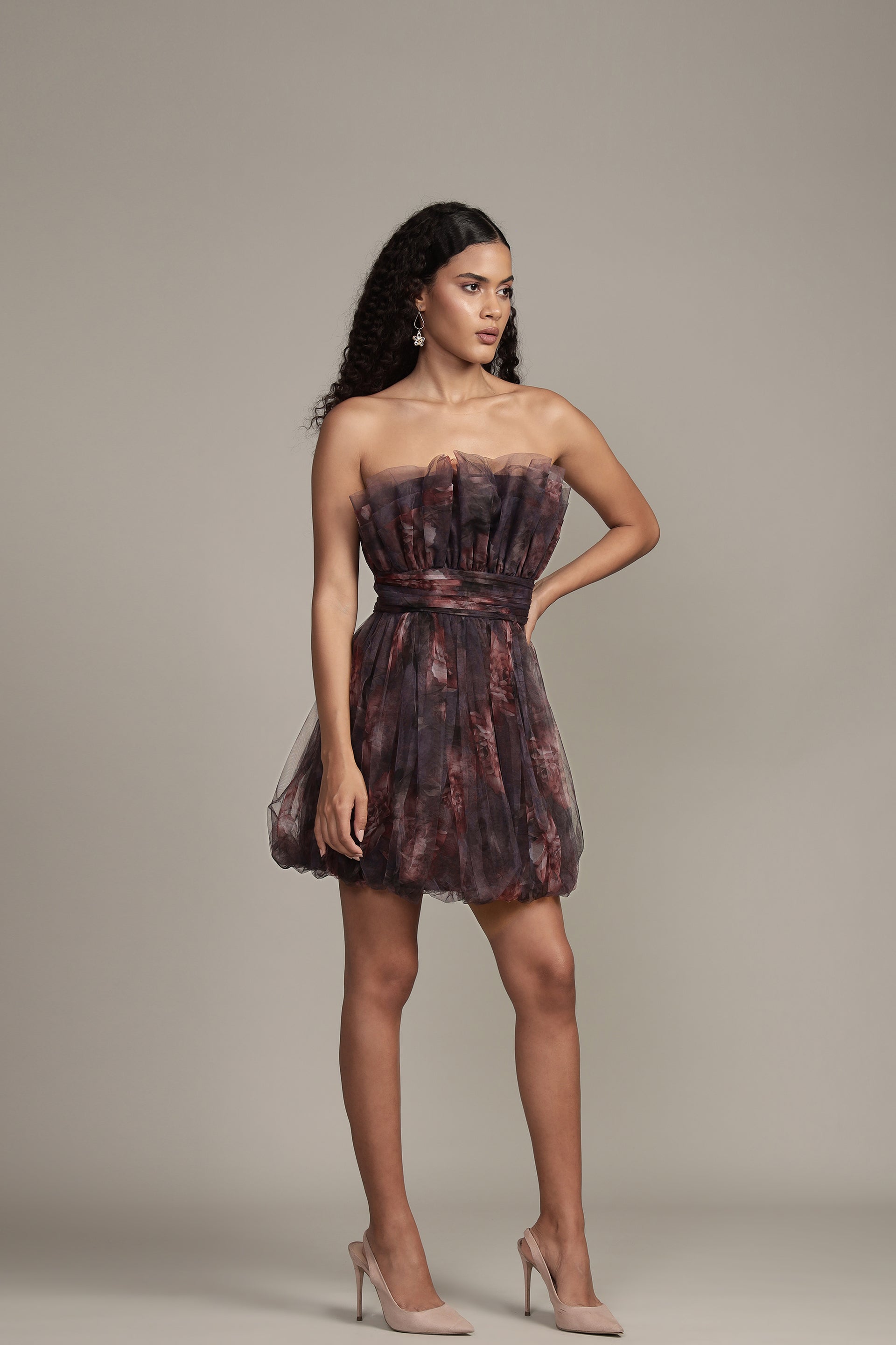 Nanita Tulle Mini Dress with Balloon Hem in Plum Floral