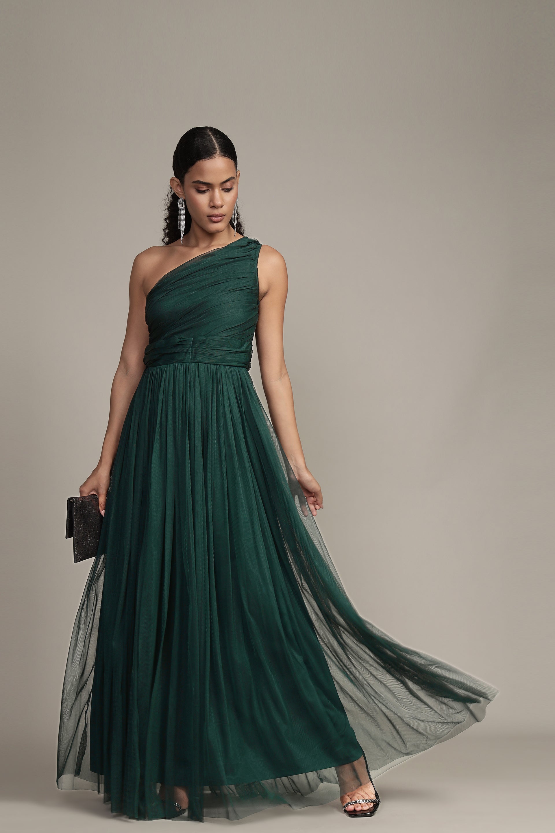 One Shoulder Tulle Maxi Dress in Emerald Green