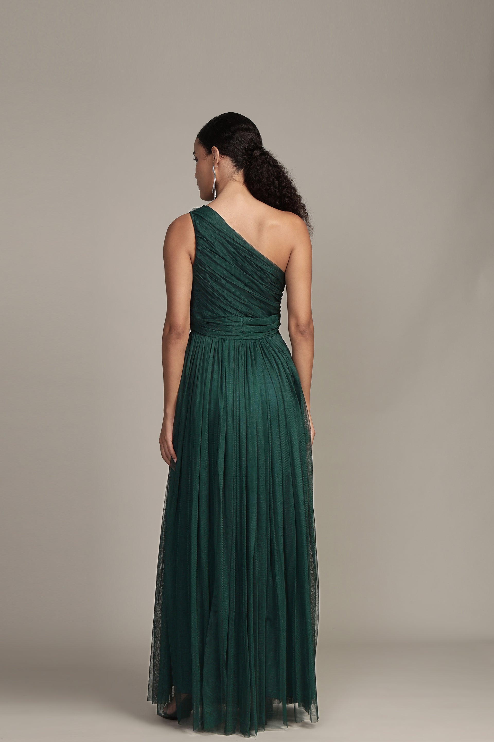 One Shoulder Tulle Maxi Dress in Emerald Green
