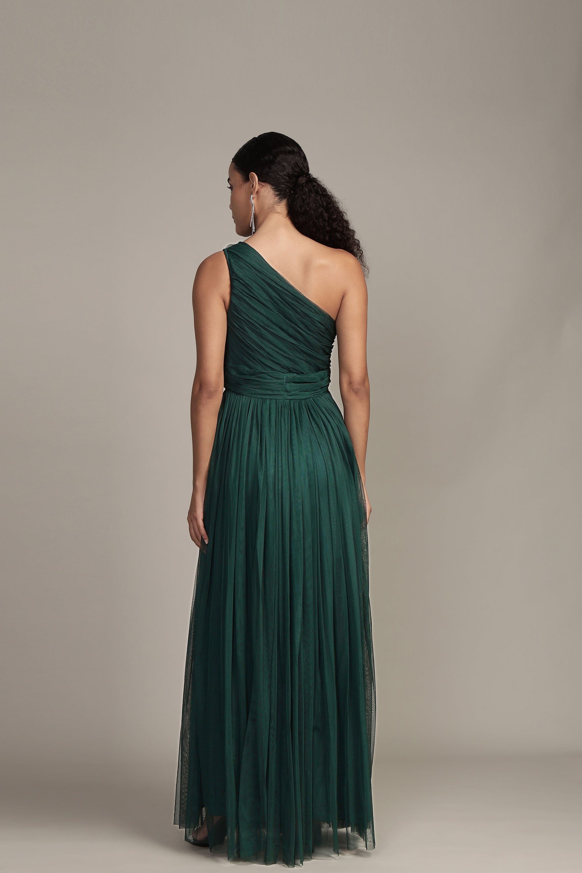 One Shoulder Tulle Maxi Dress in Emerald Green