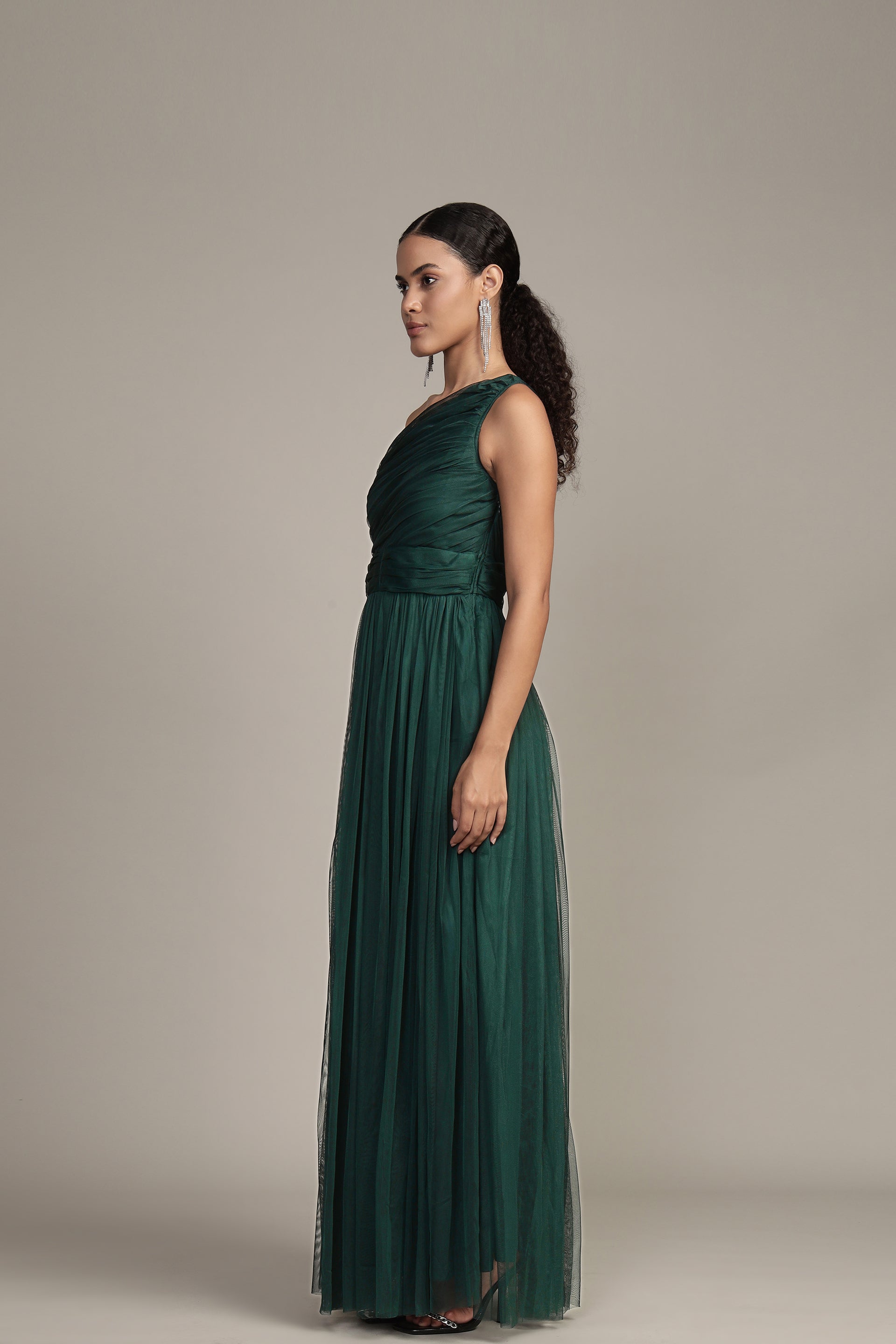 One Shoulder Tulle Maxi Dress in Emerald Green