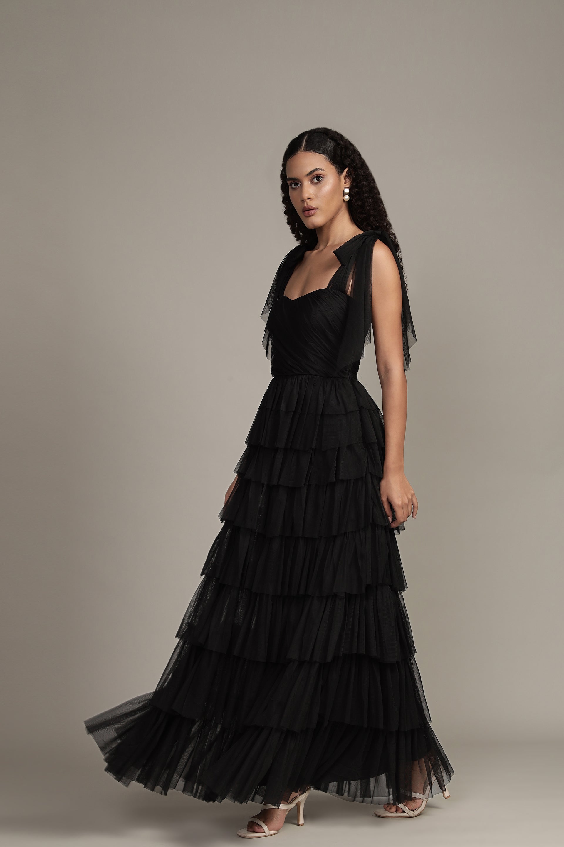Ophelia Tulle Maxi Dress with Tie Detail in Black