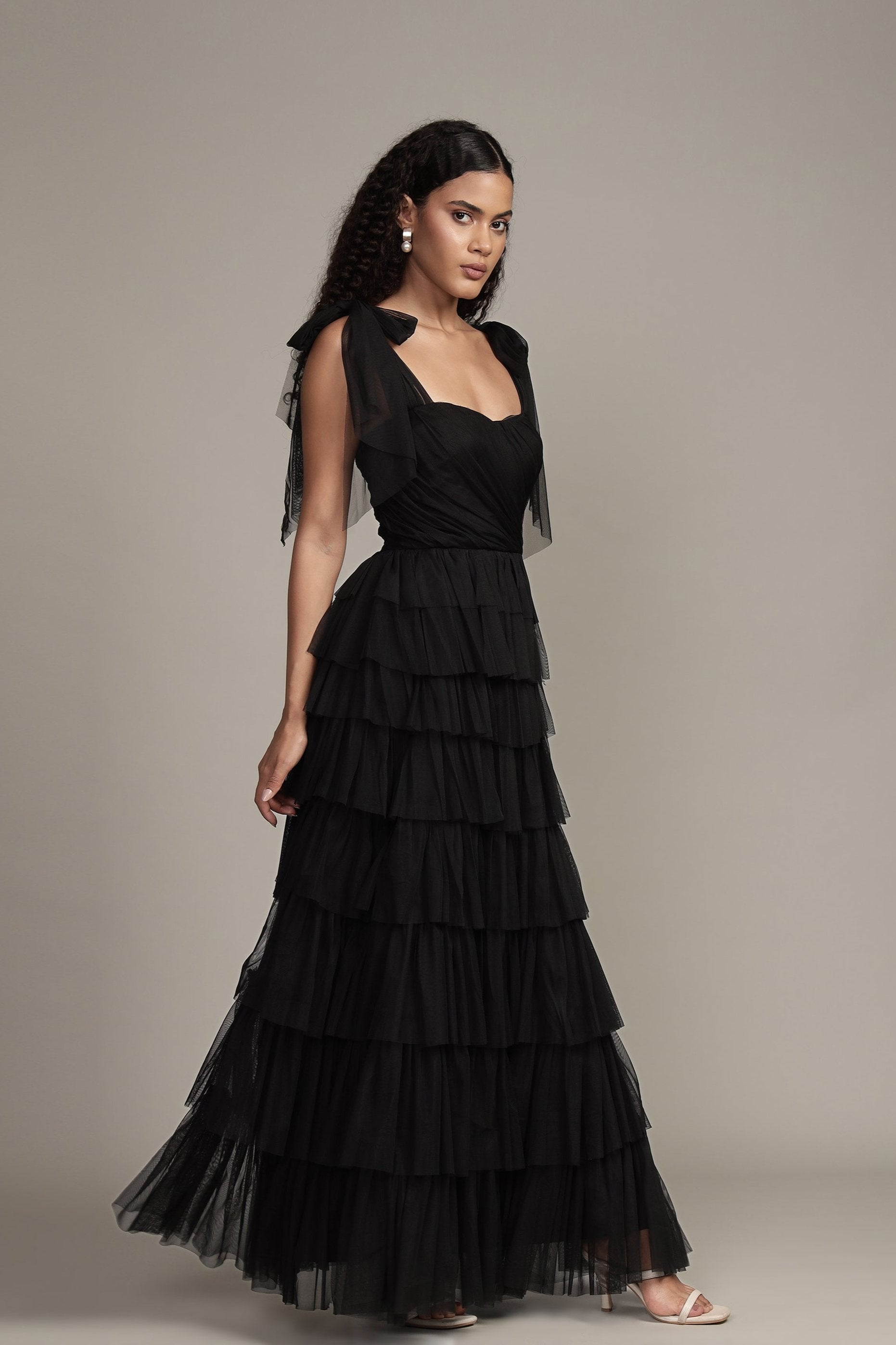 Ophelia Tulle Maxi Dress with Tie Detail in Black