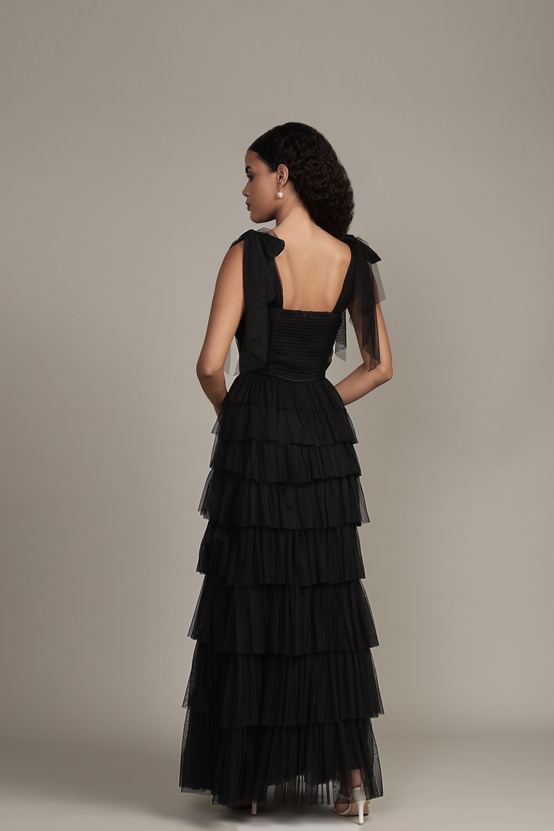 Ophelia Tulle Maxi Dress with Tie Detail in Black