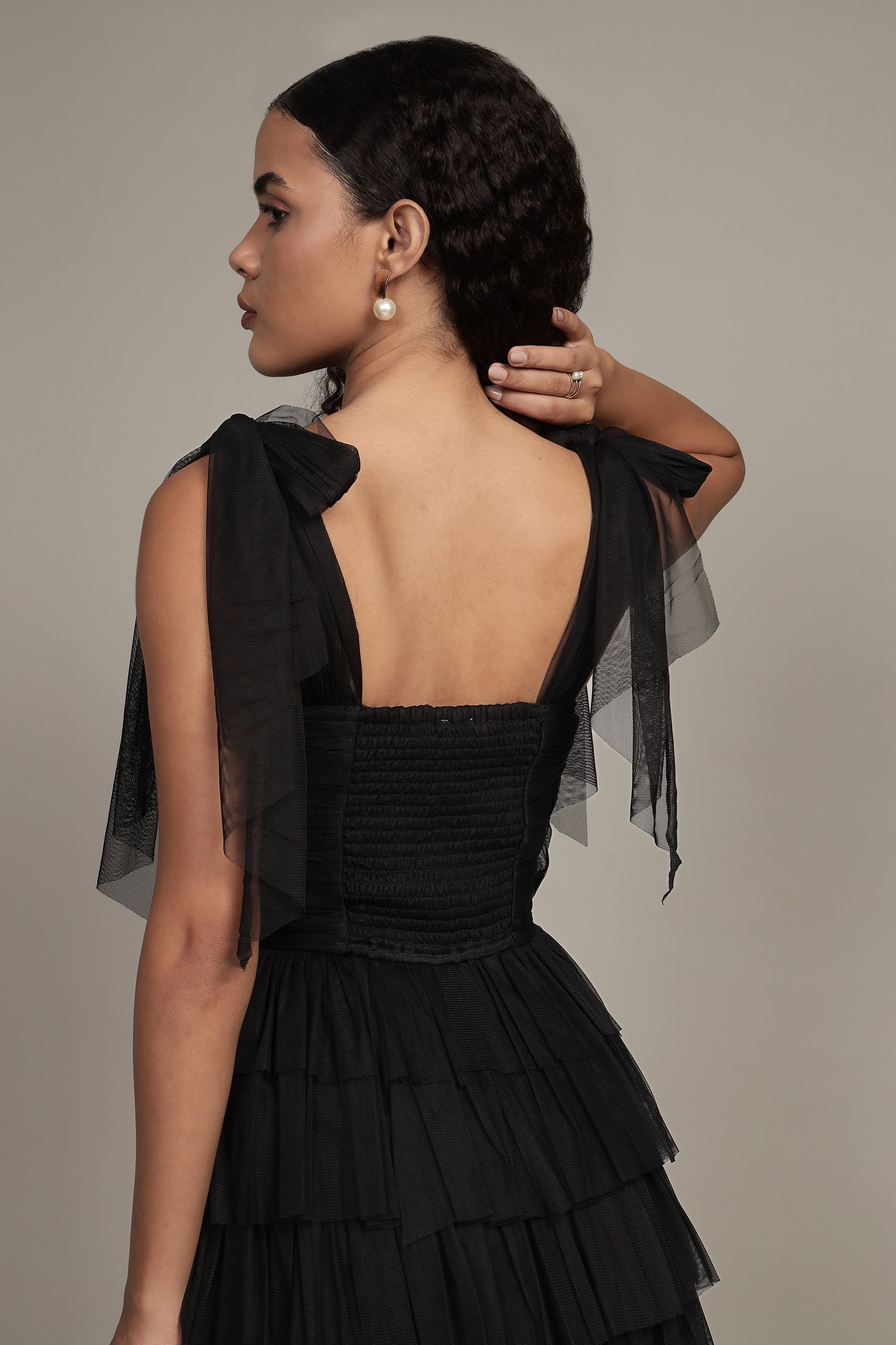 Ophelia Tulle Maxi Dress with Tie Detail in Black