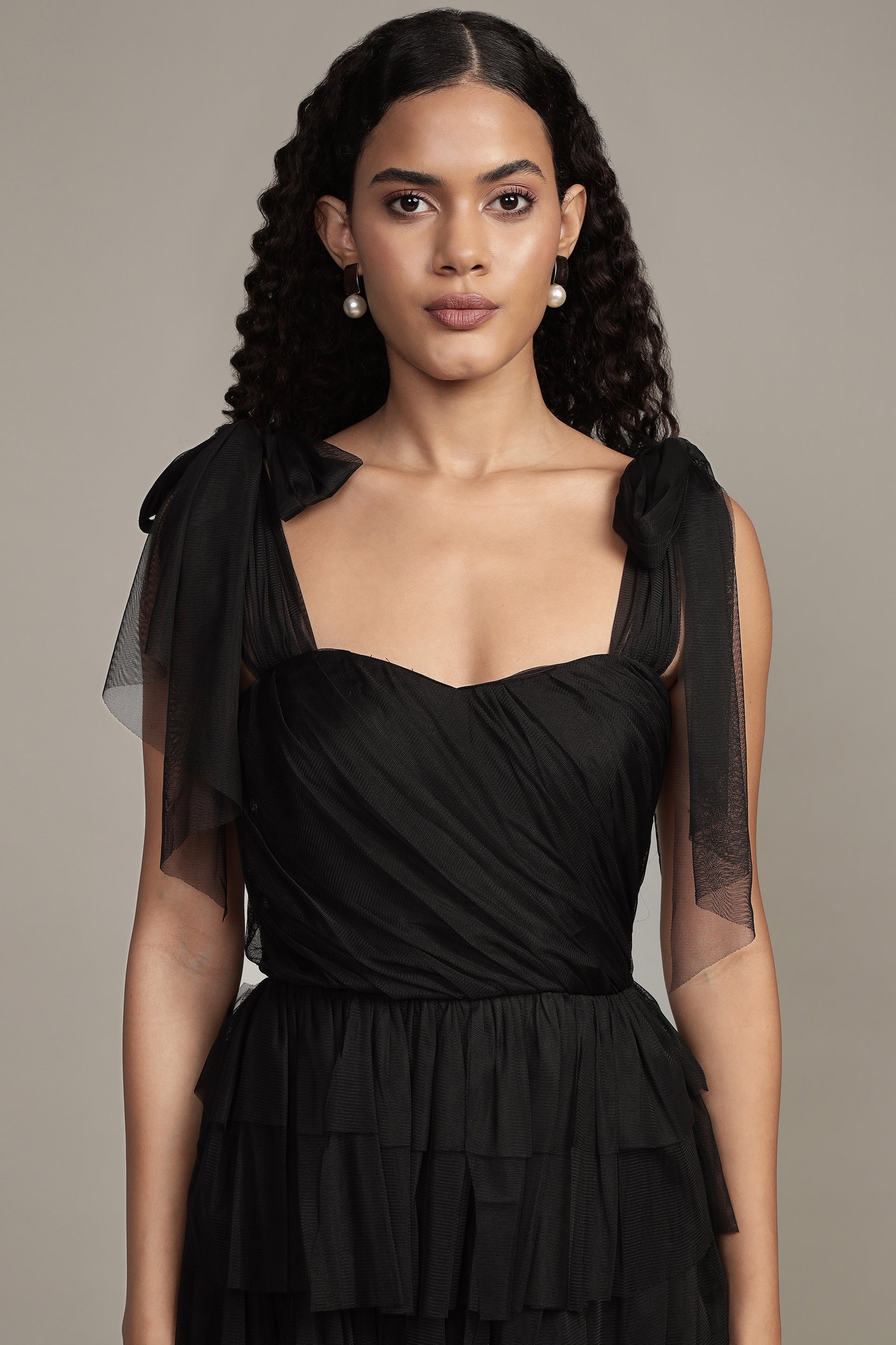 Ophelia Tulle Maxi Dress with Tie Detail in Black
