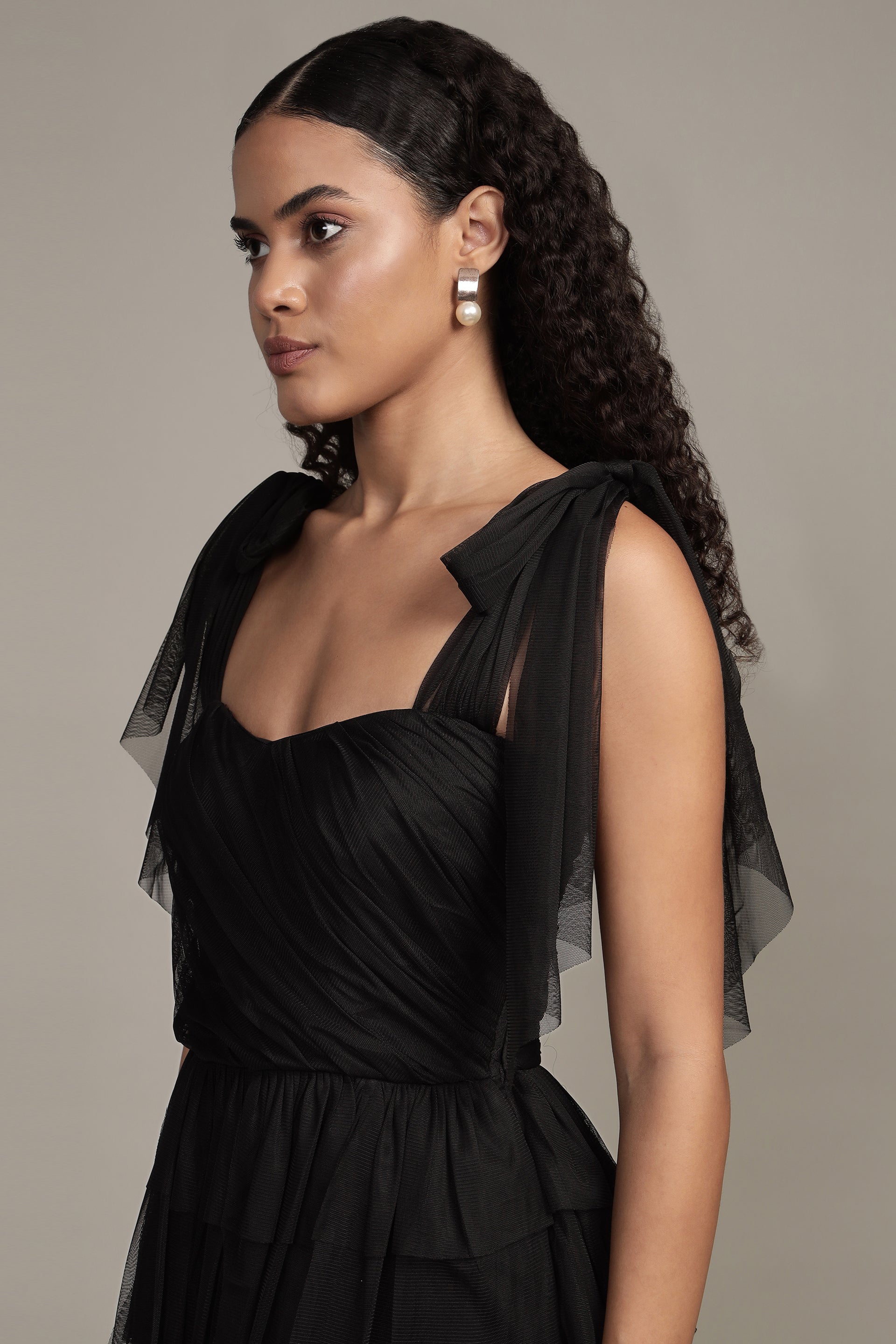 Ophelia Tulle Maxi Dress with Tie Detail in Black