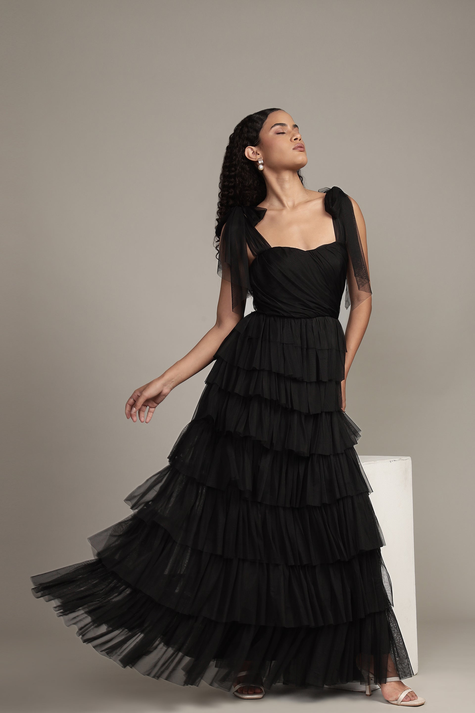 Ophelia Tulle Maxi Dress with Tie Detail in Black