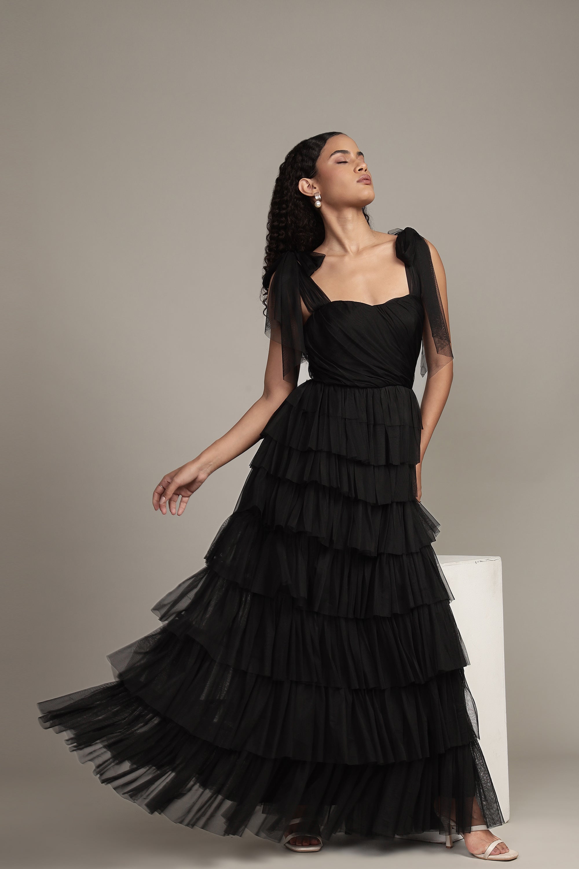 Ophelia Tulle Maxi Dress with Tie Detail in Black