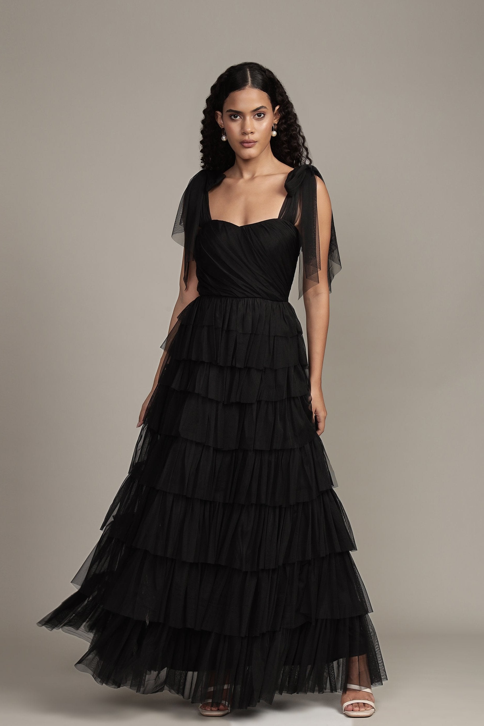 Ophelia Tulle Maxi Dress with Tie Detail in Black