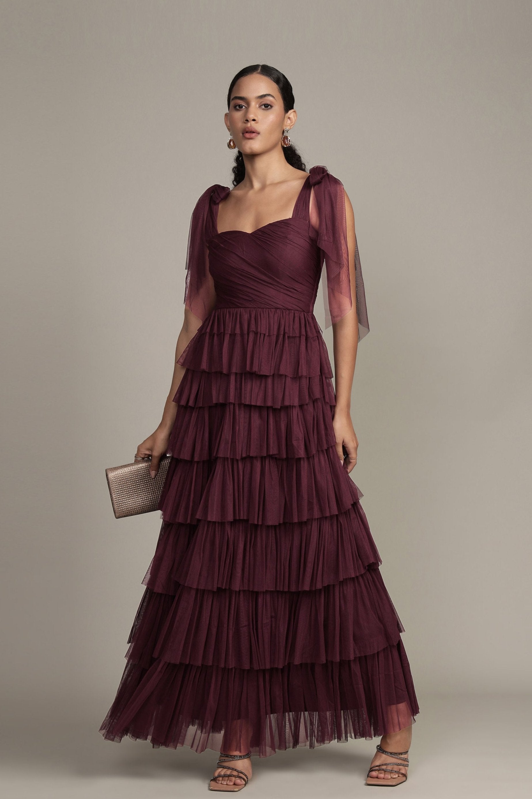 Ophelia Tulle Maxi Dress with Tie Detail in Plum