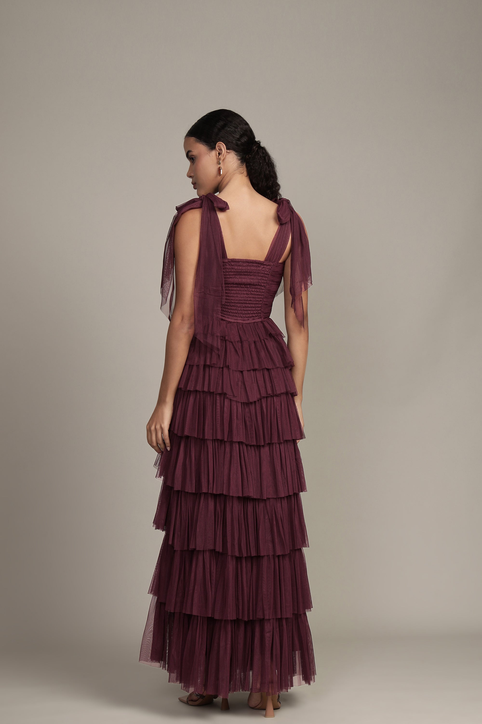 Ophelia Tulle Maxi Dress with Tie Detail in Plum
