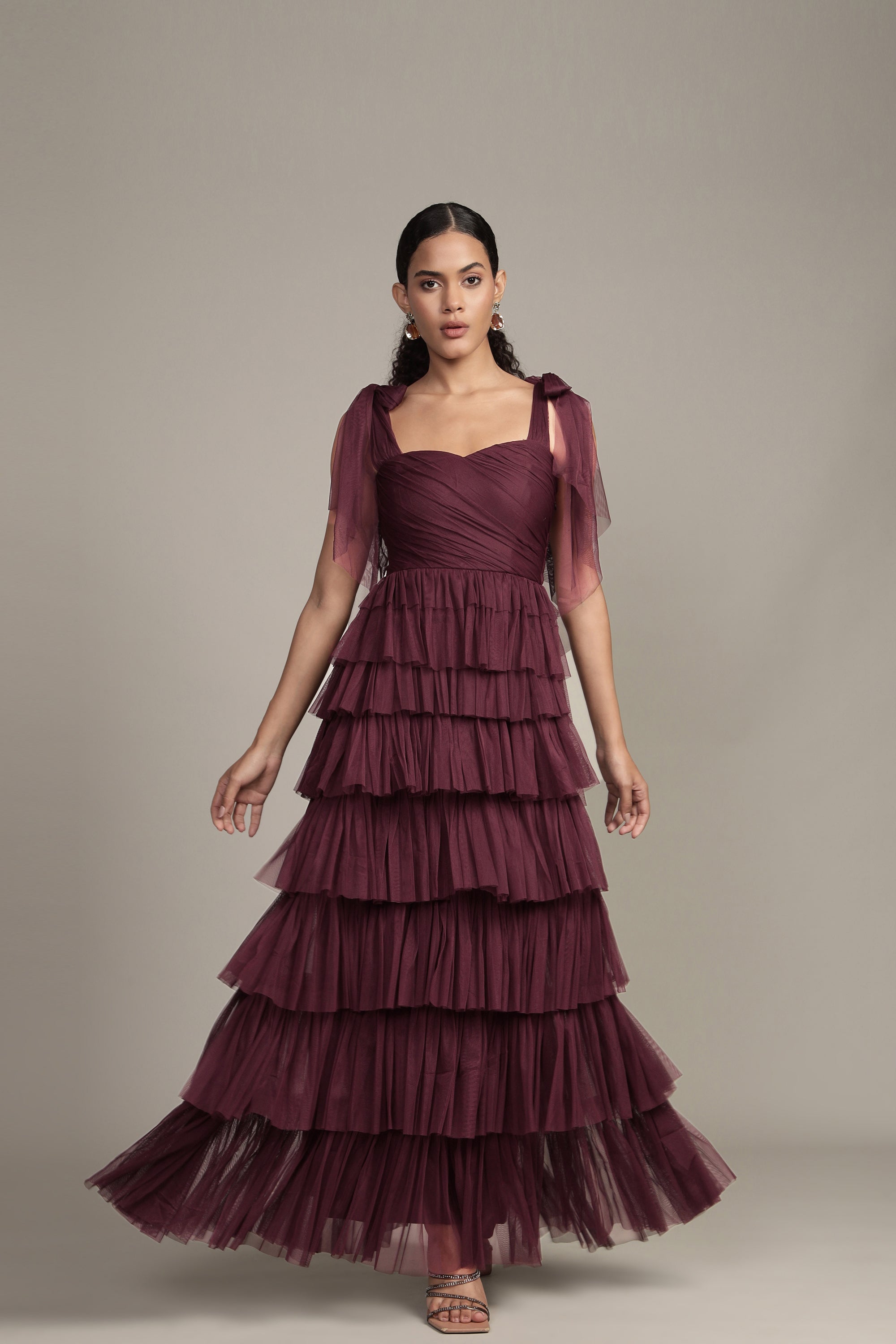 Ophelia Tulle Maxi Dress with Tie Detail in Plum