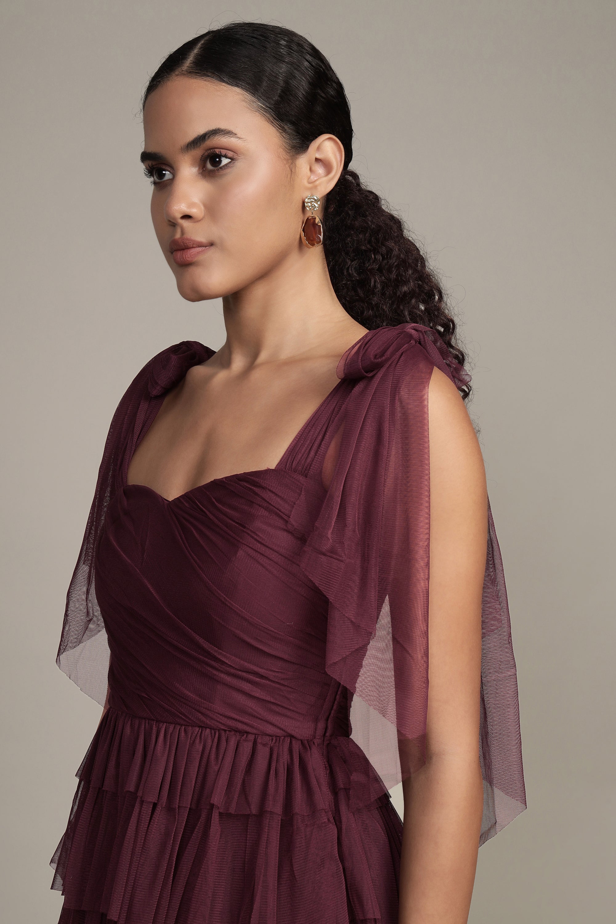 Ophelia Tulle Maxi Dress with Tie Detail in Plum – Lace & Beads