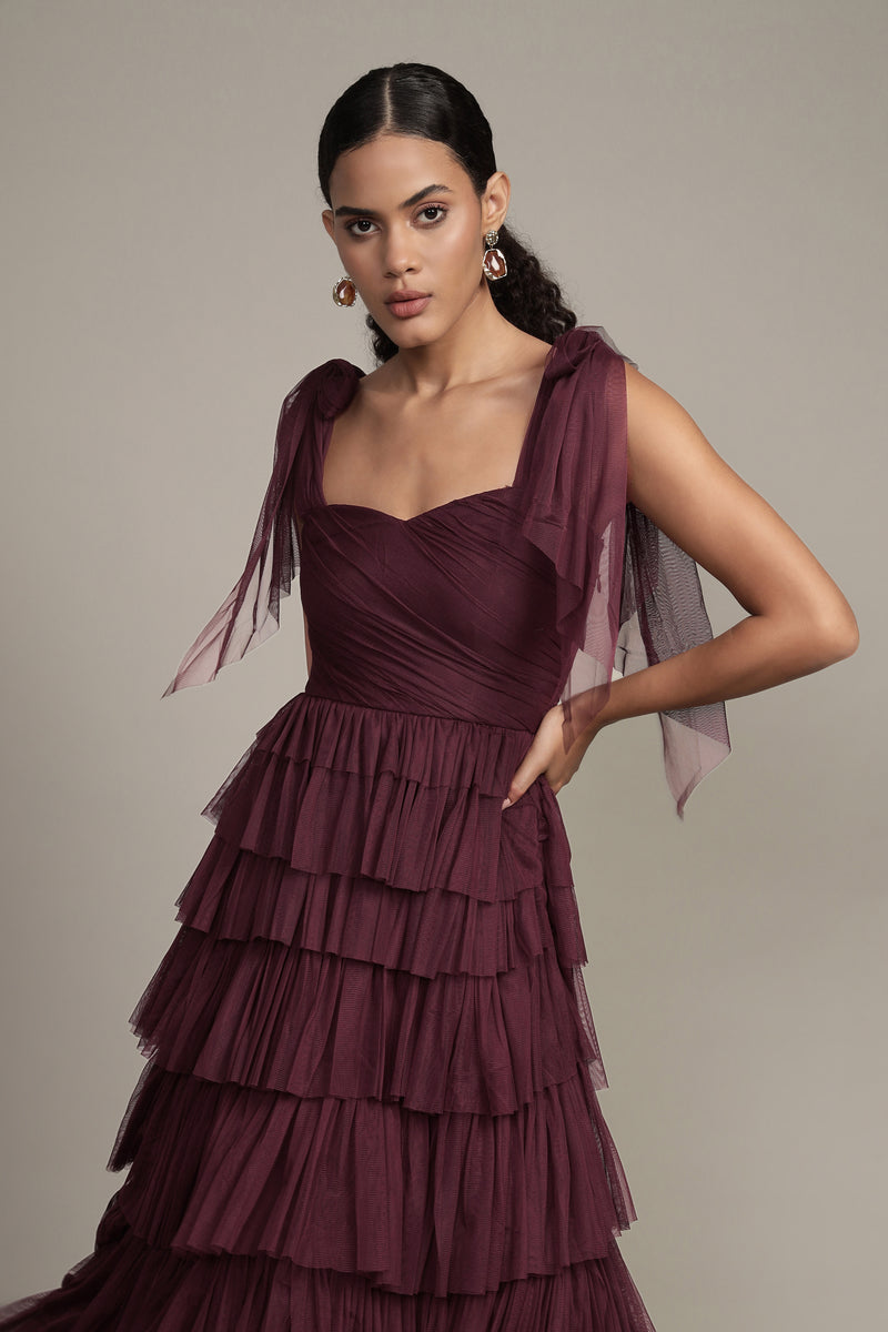 Ophelia Tulle Maxi Dress with Tie Detail in Plum
