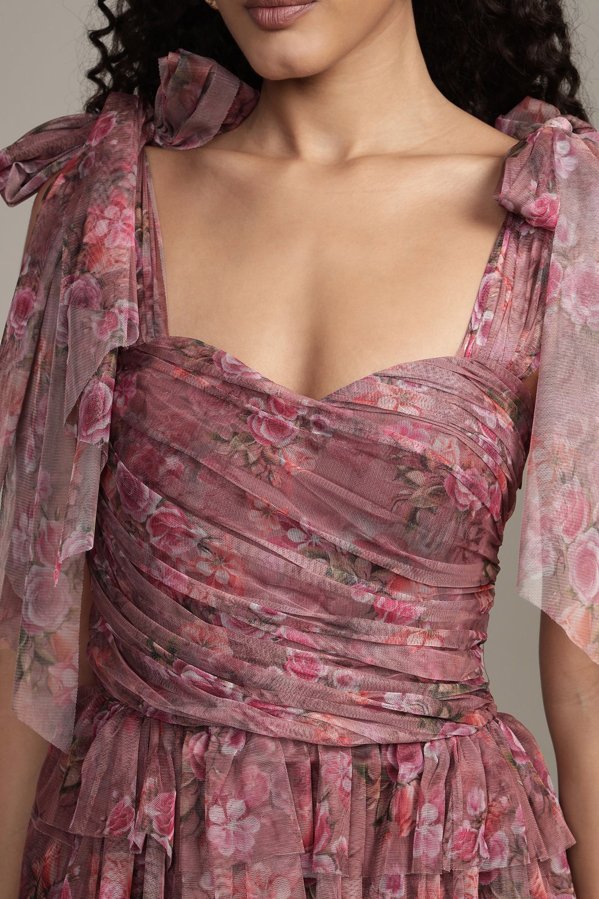 Ophelia Tulle Maxi Dress with Tie Detail Purple Floral