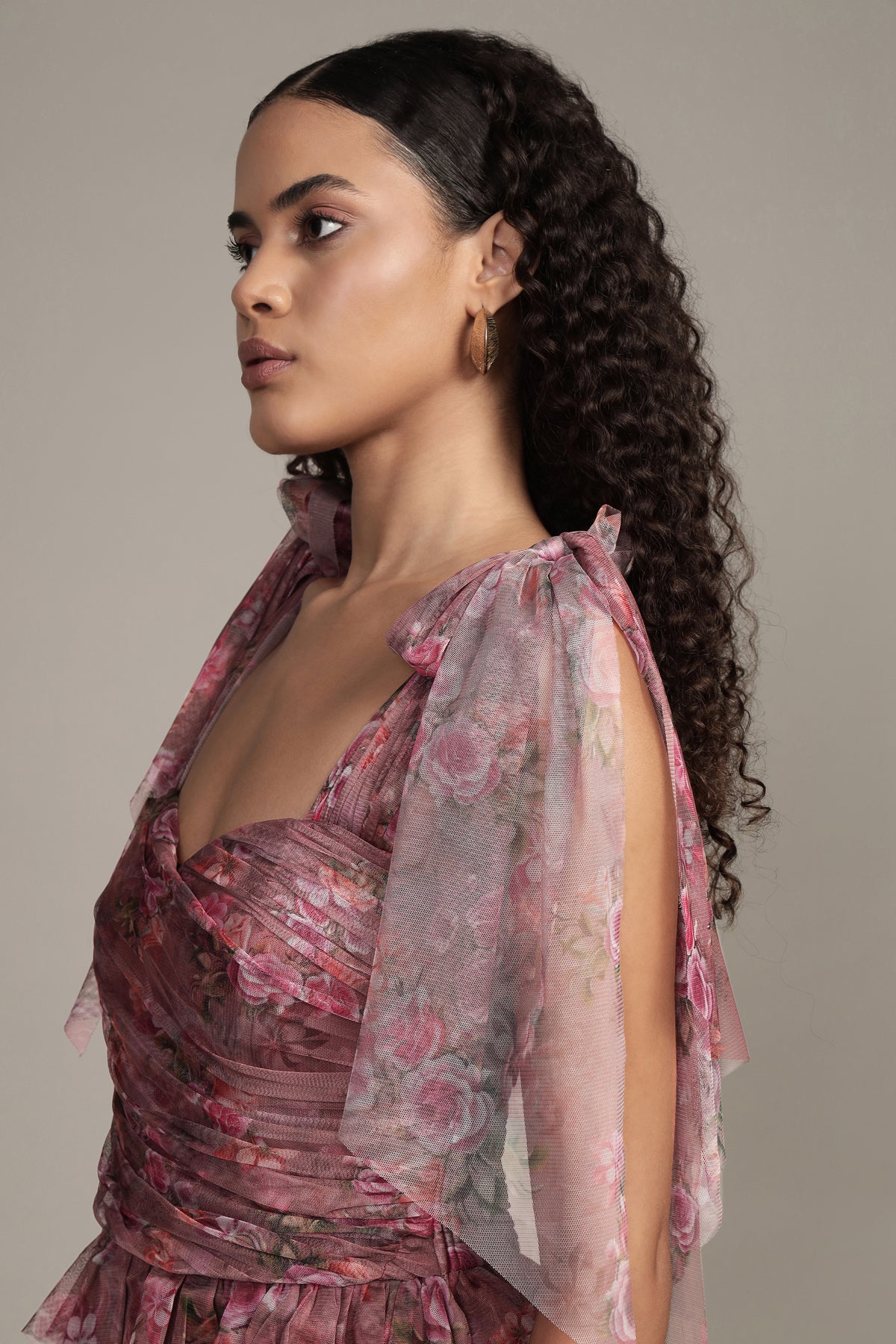 Ophelia Tulle Maxi Dress with Tie Detail Purple Floral
