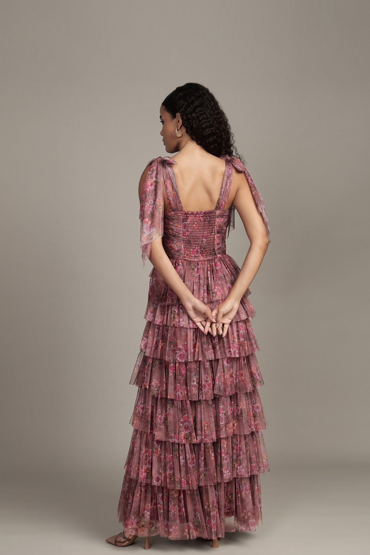 Ophelia Tulle Maxi Dress with Tie Detail Purple Floral