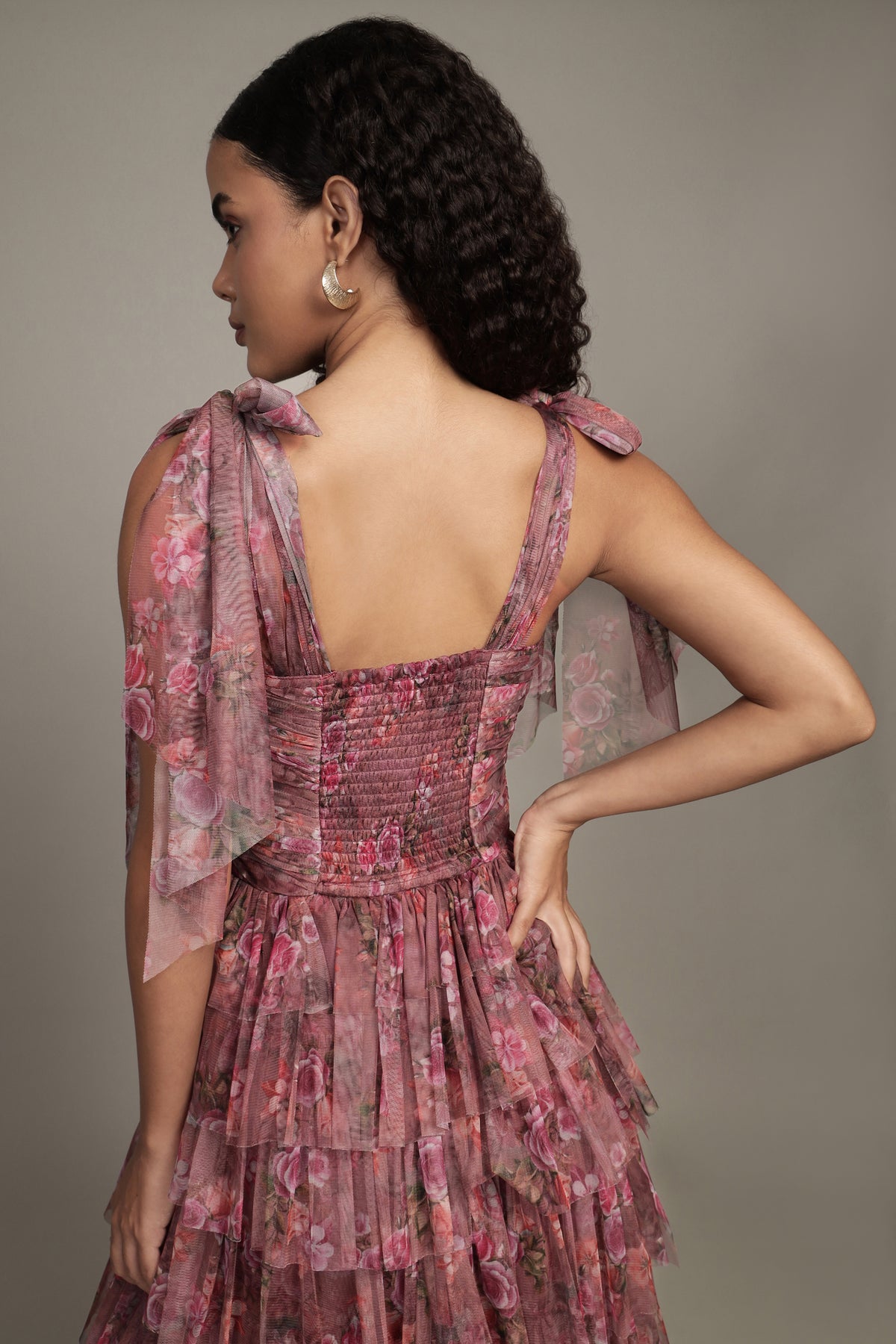 Ophelia Tulle Maxi Dress with Tie Detail Purple Floral