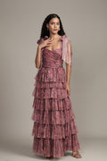 purple pink floral tulle maxi dress layered-skirt sweetheart neckline bow-sleeves