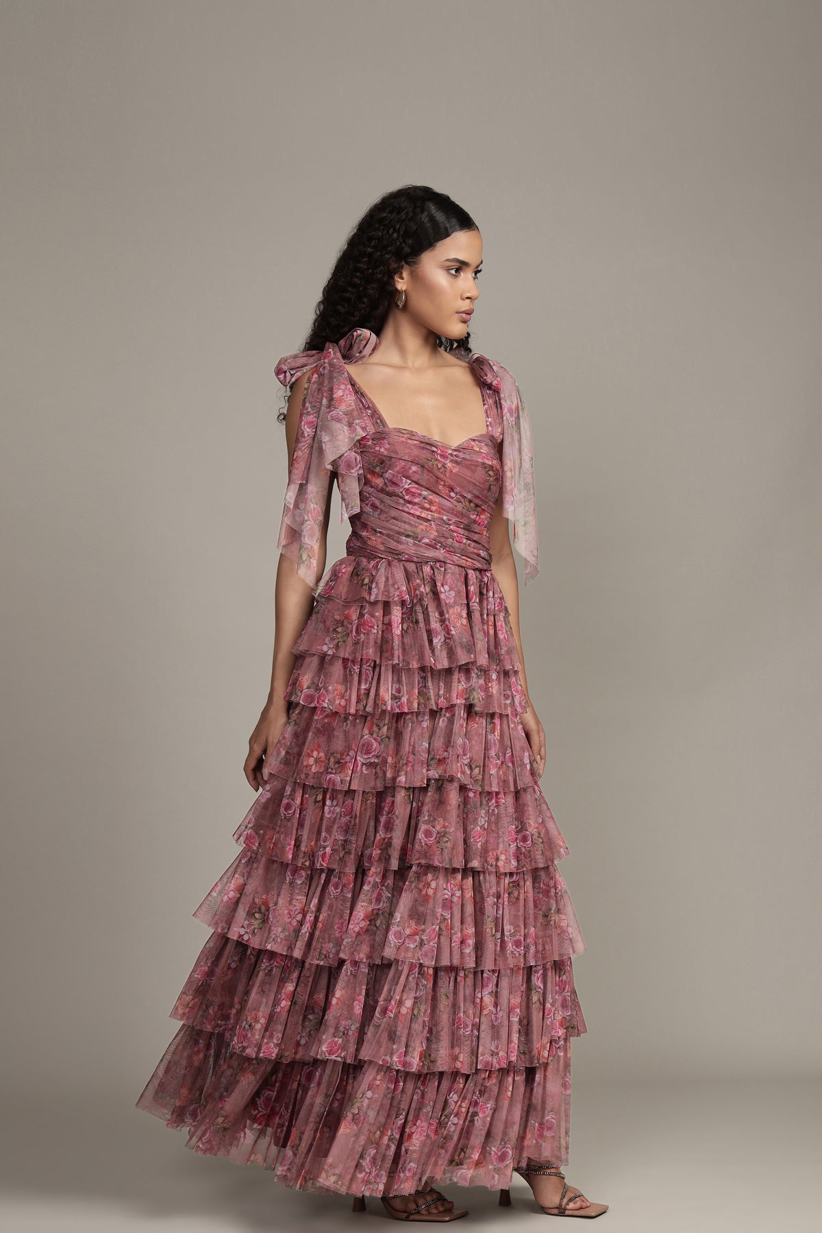 Ophelia Tulle Maxi Dress with Tie Detail Purple Floral