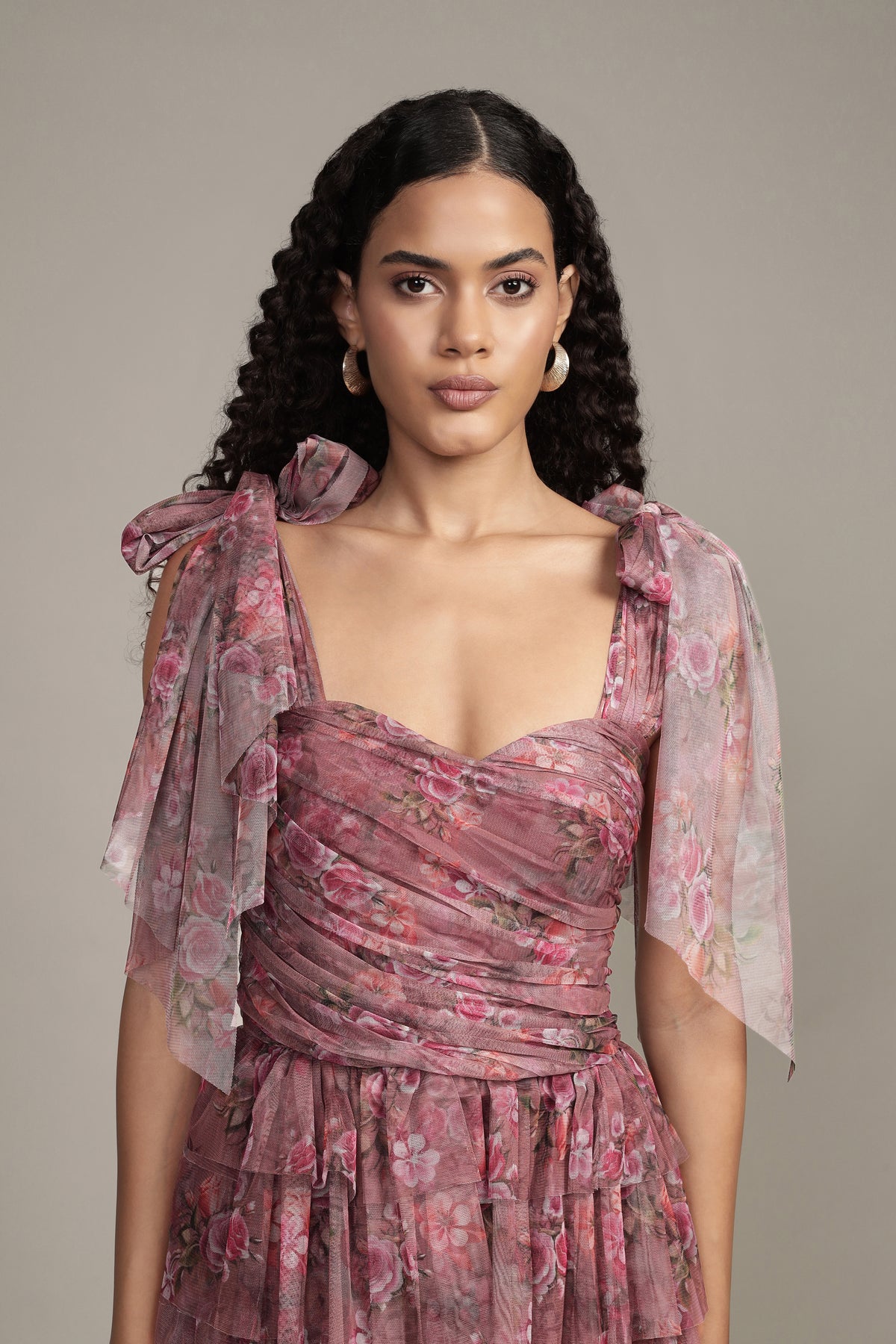 Ophelia Tulle Maxi Dress with Tie Detail Purple Floral