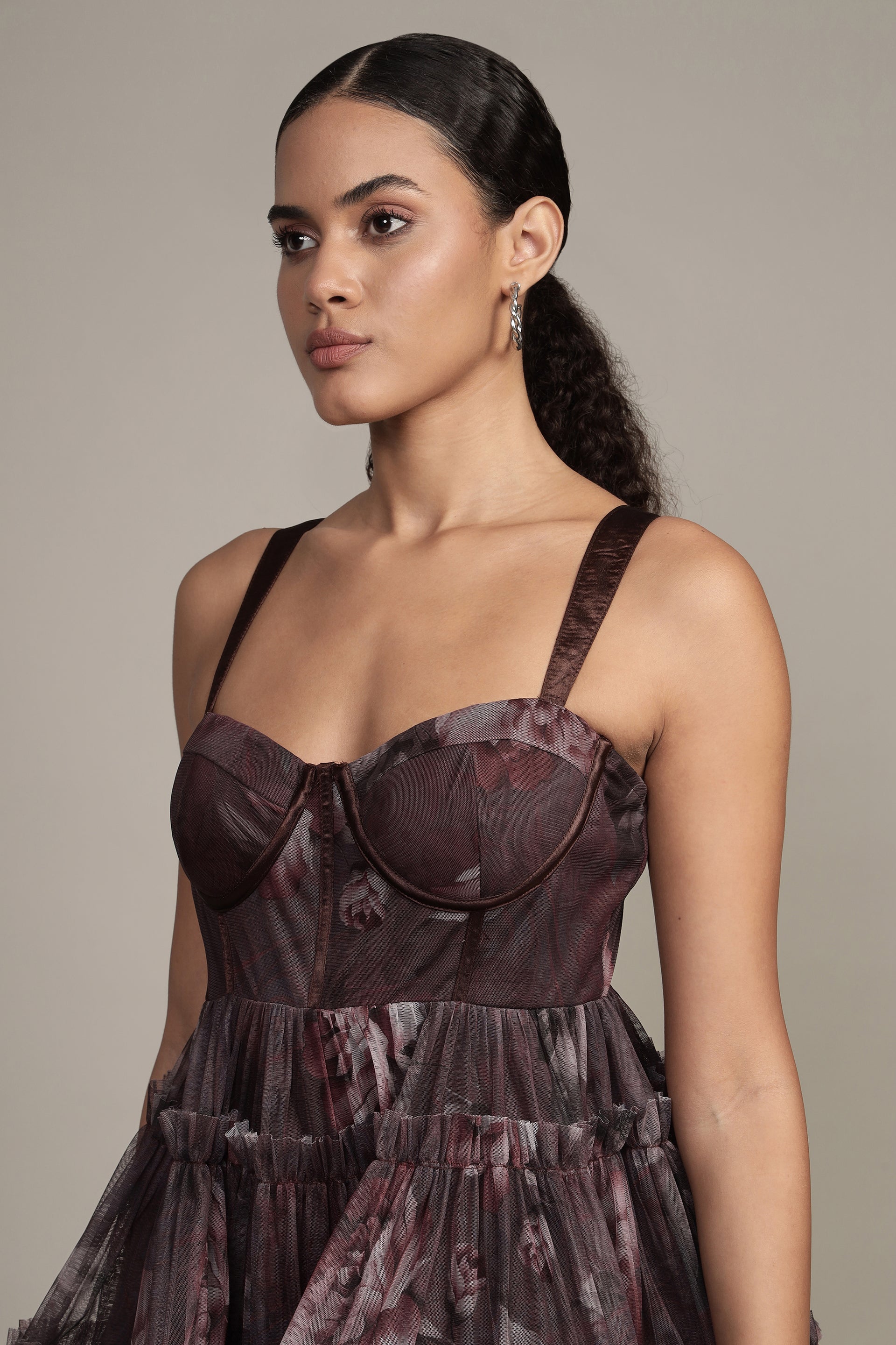 Raelynn Tulle Mini Dress in Plum Floral