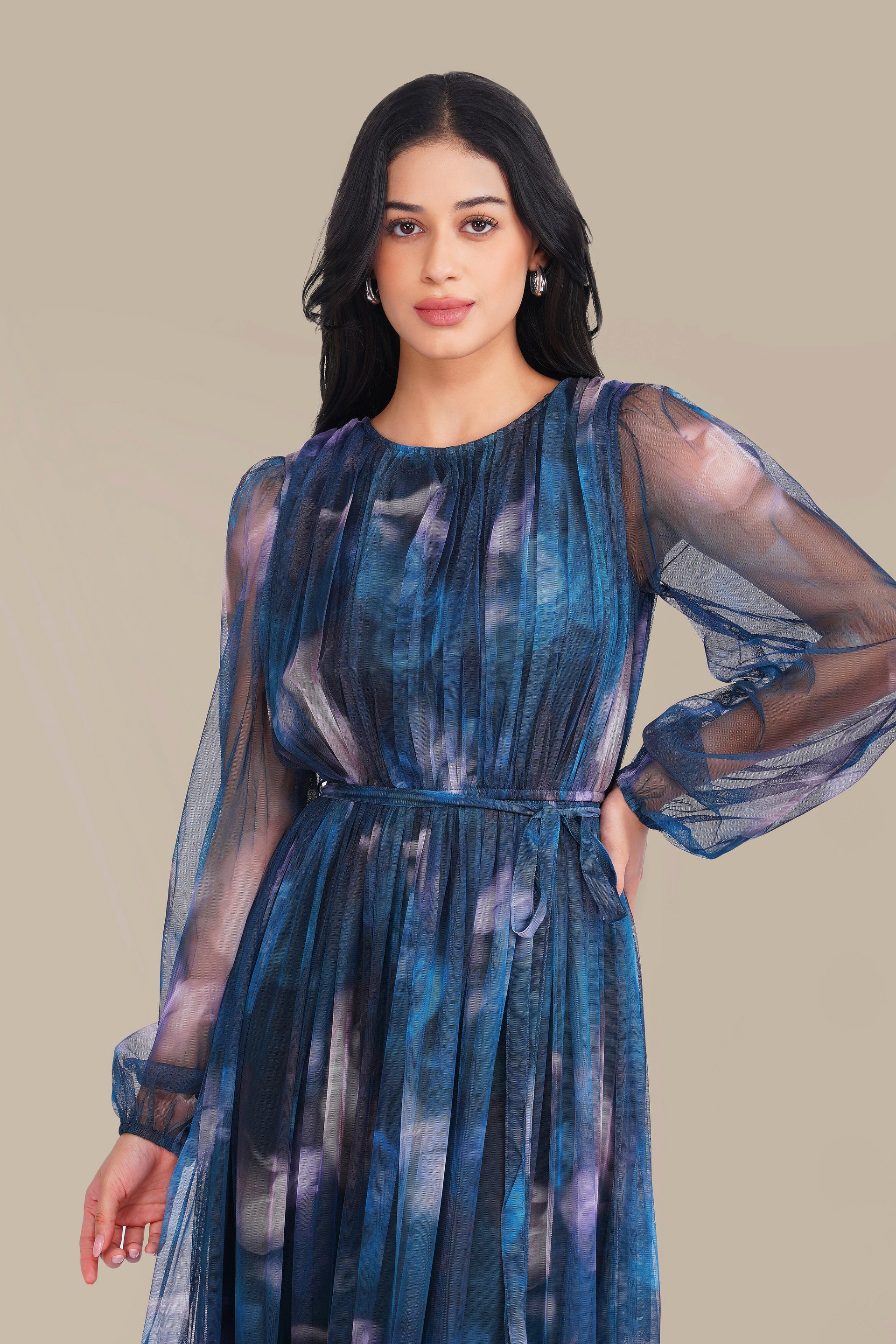 Rebecca Tulle Maxi Dress in Naval Flow Print