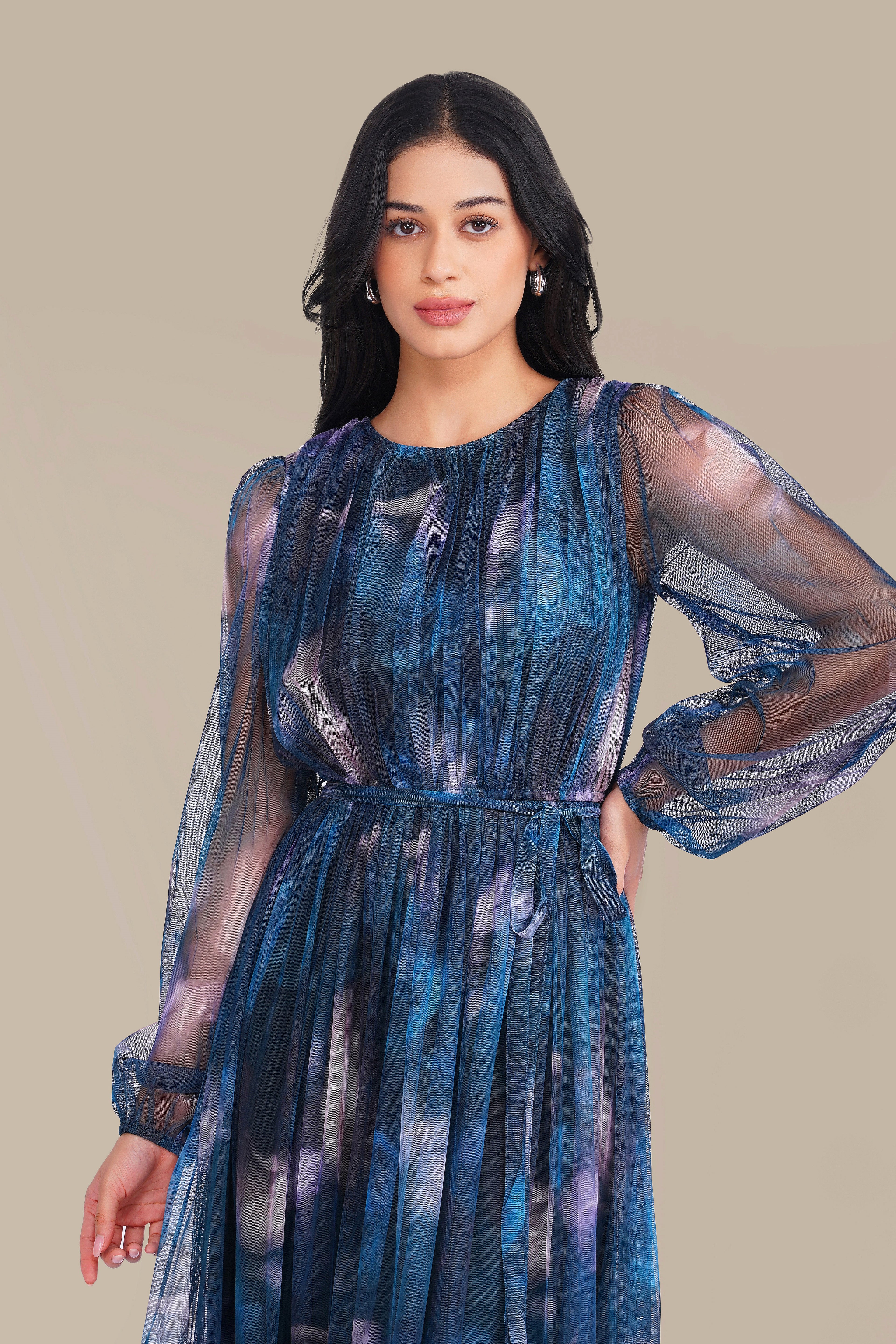 Rebecca Tulle Maxi Dress in Naval Flow Print