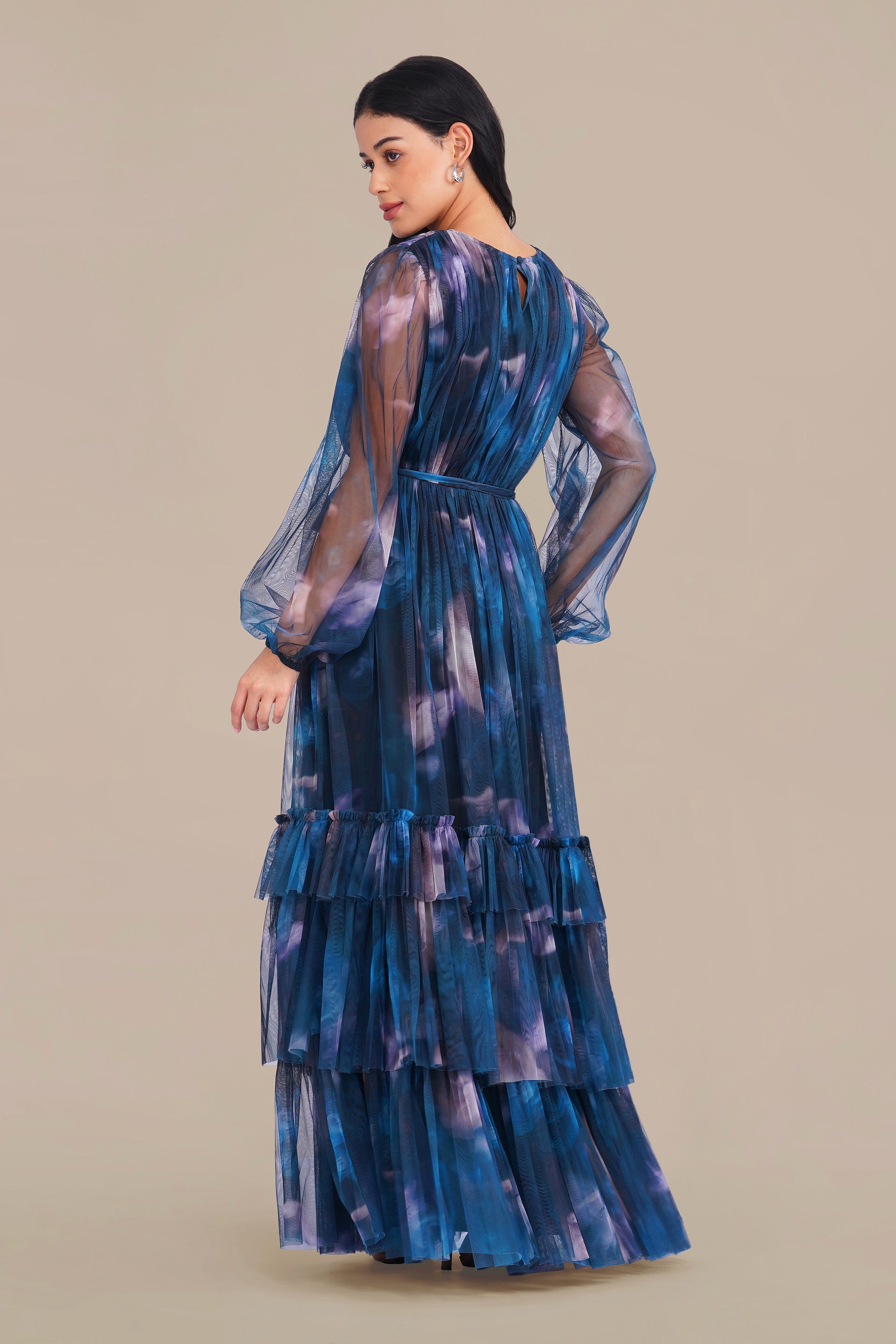 Rebecca Tulle Maxi Dress in Naval Flow Print