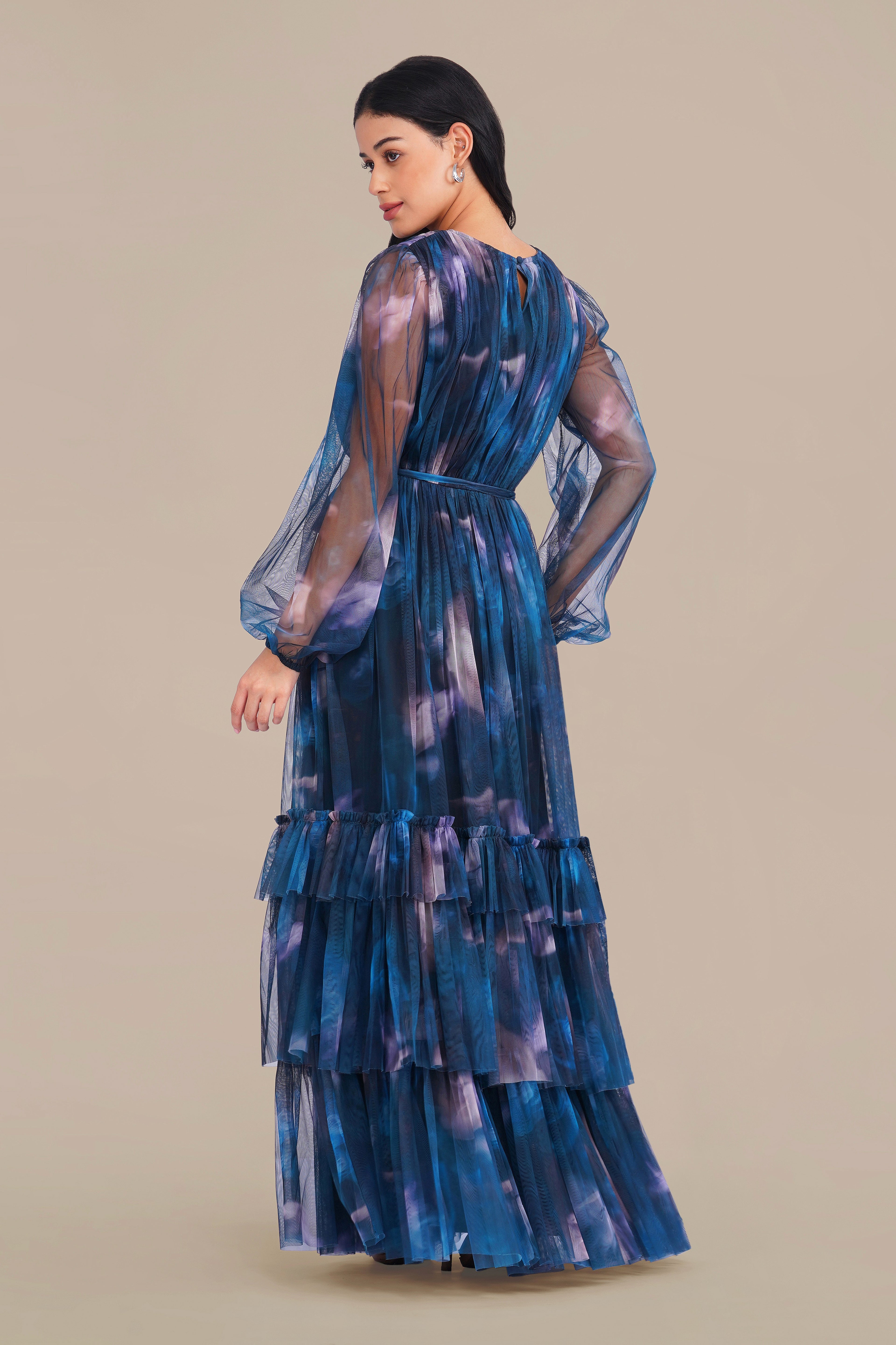 Rebecca Tulle Maxi Dress in Naval Flow Print