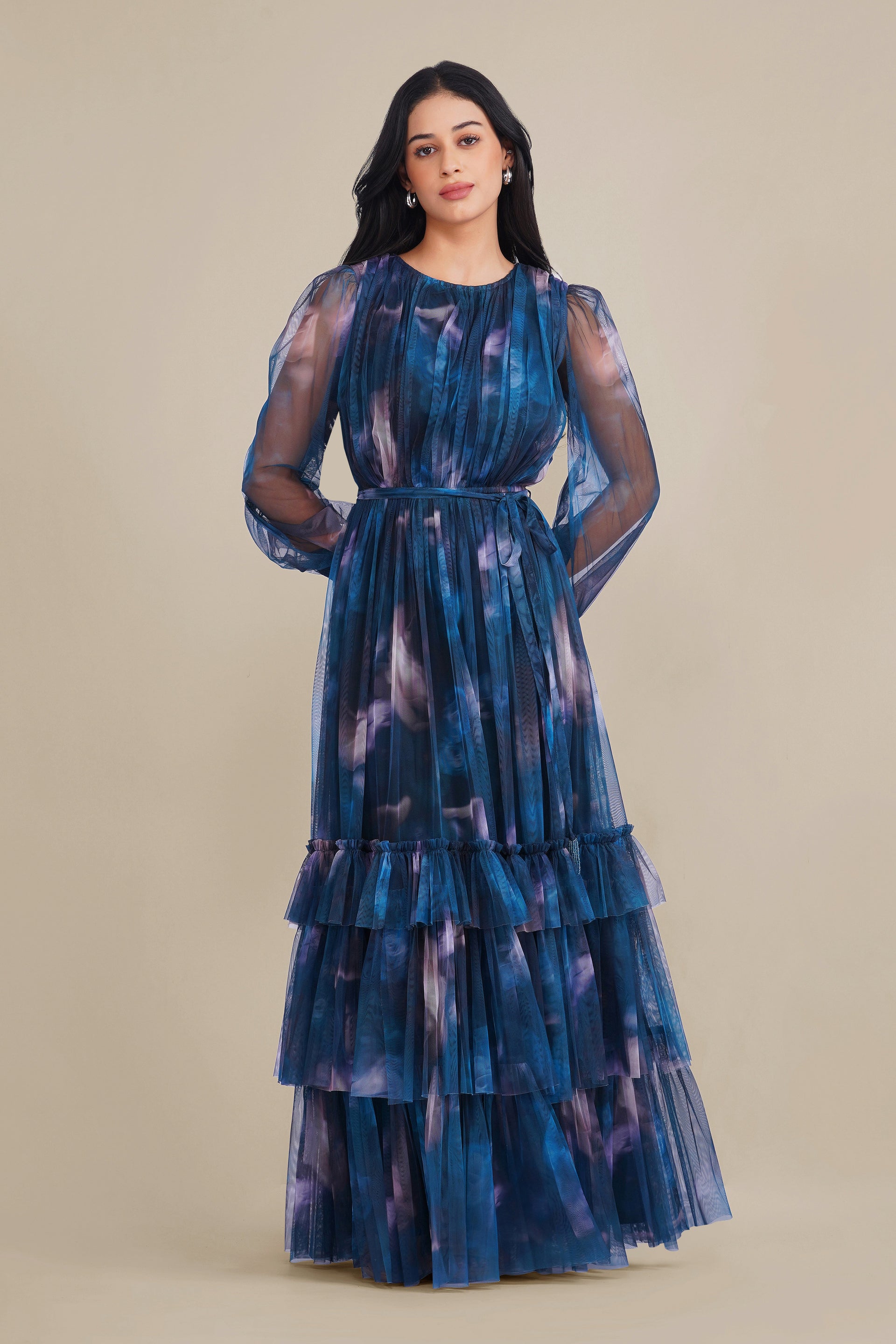 Rebecca Tulle Maxi Dress in Naval Flow Print