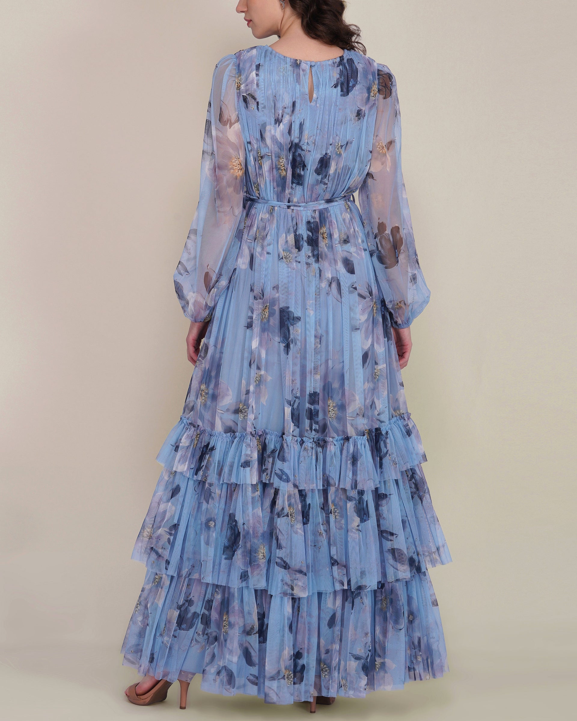 Rebecca Tulle Maxi Dress in Blue Magnolia Print