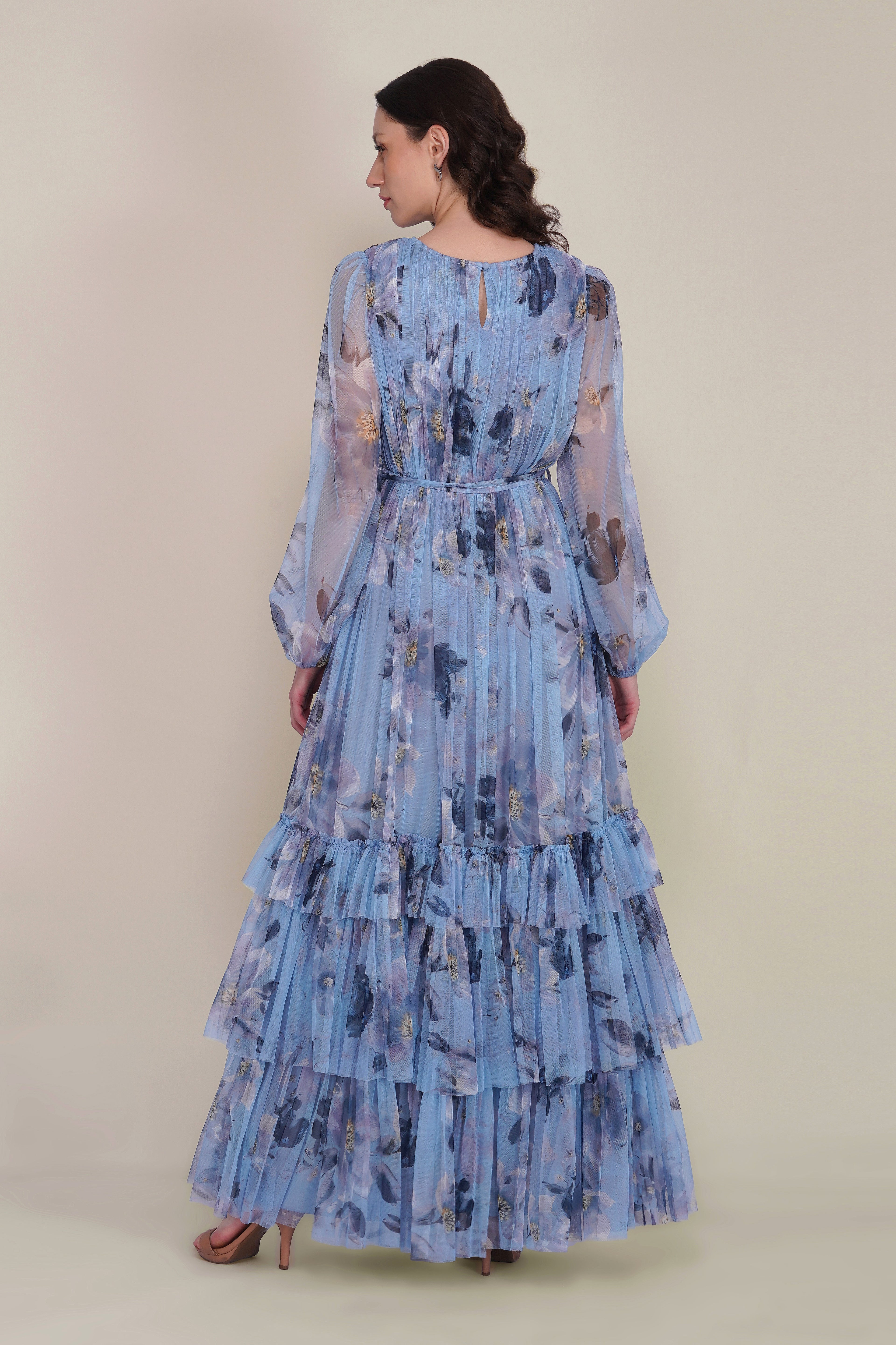 Rebecca Tulle Maxi Dress in Blue Magnolia Print