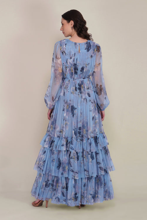Rebecca Tulle Maxi Dress in Blue Magnolia Print