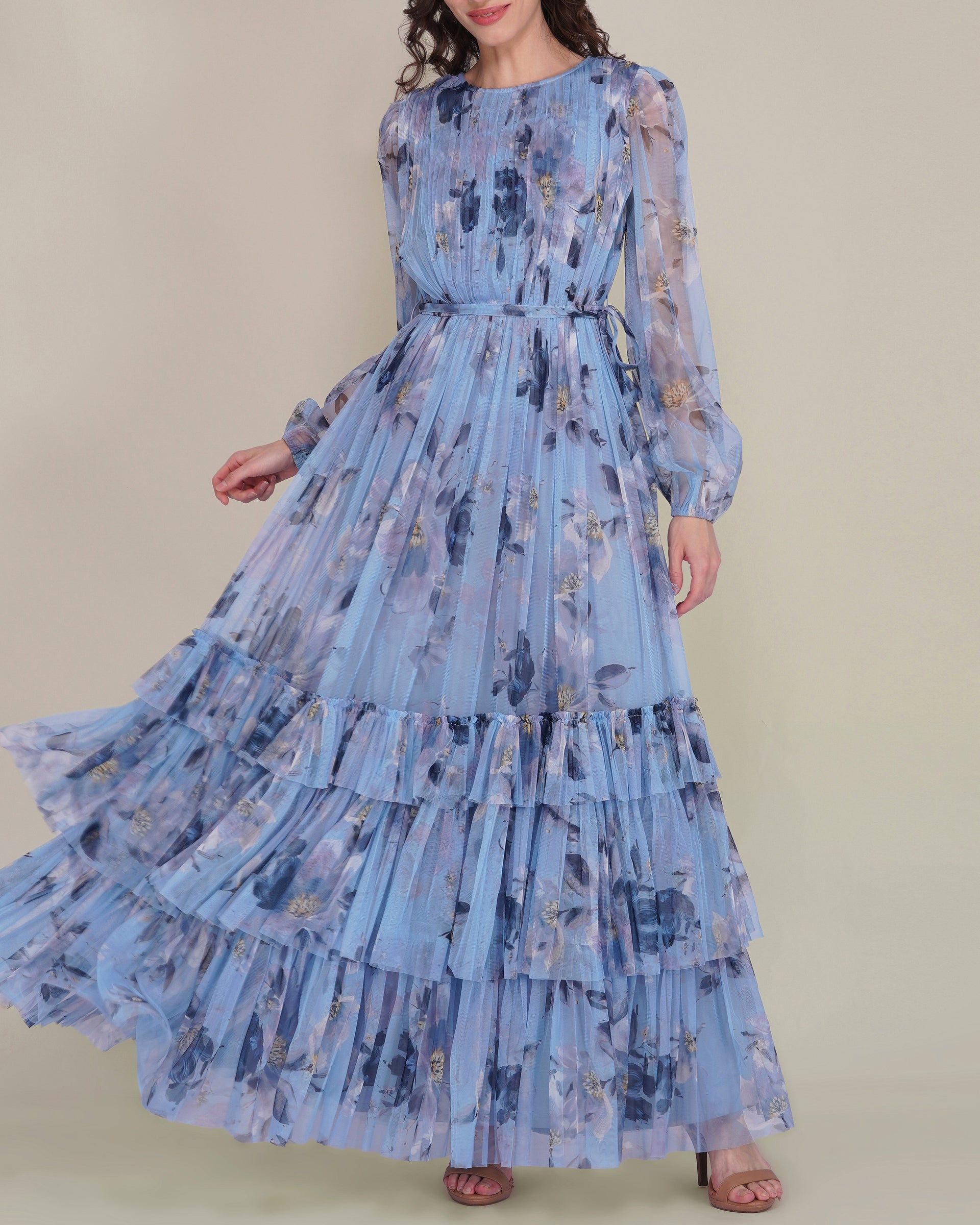 Rebecca Tulle Maxi Dress in Blue Magnolia Print