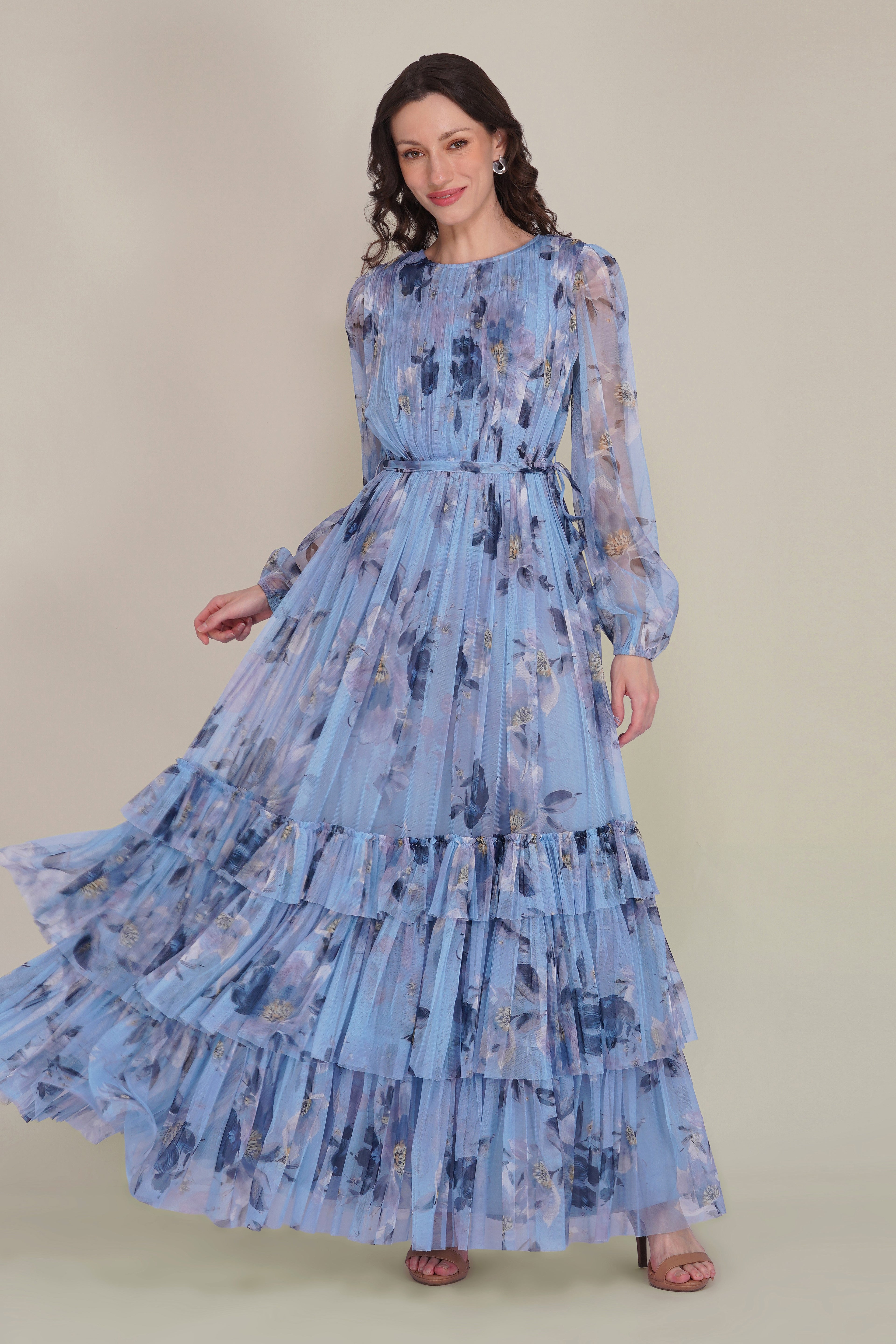 Rebecca Tulle Maxi Dress in Blue Magnolia Print