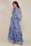 Rebecca Tulle Maxi Dress in Blue Magnolia Print