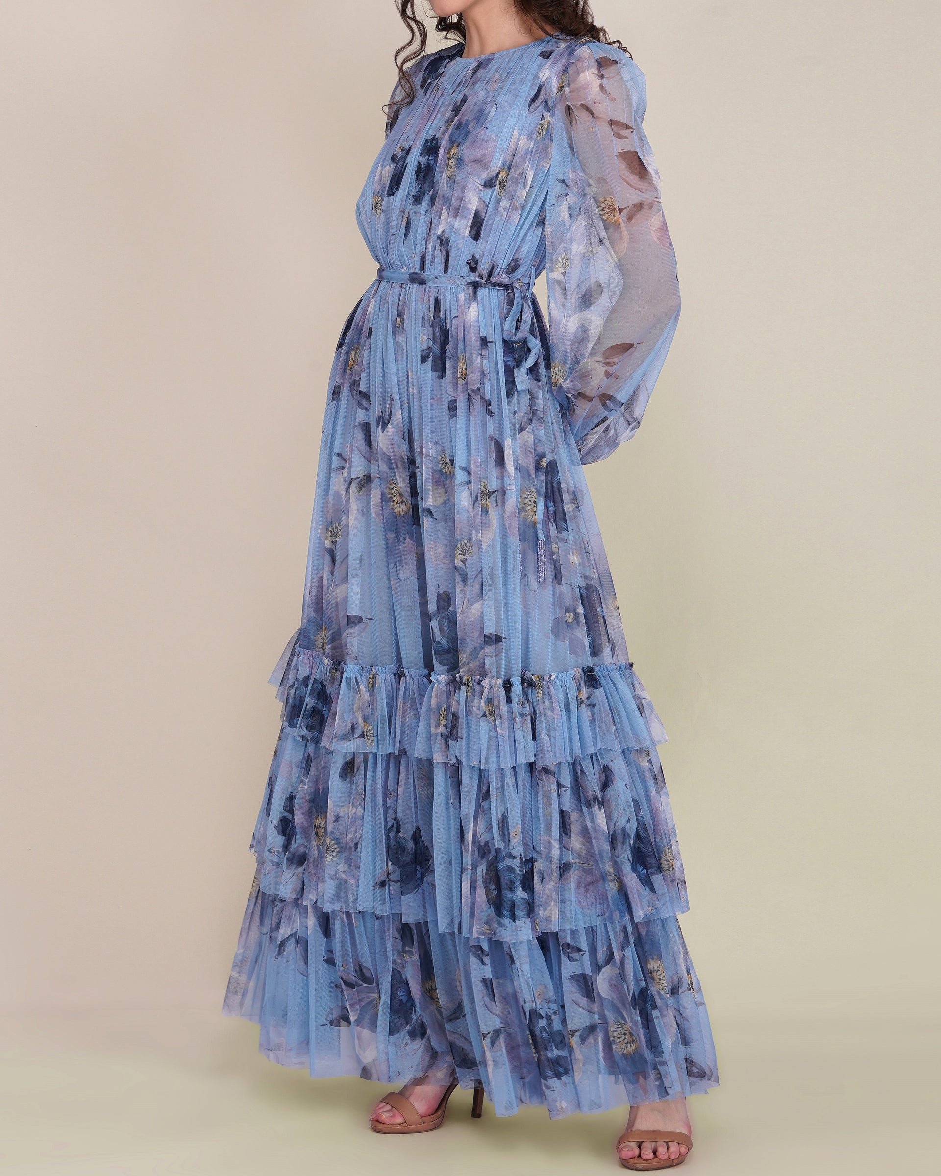 Rebecca Tulle Maxi Dress in Blue Magnolia Print